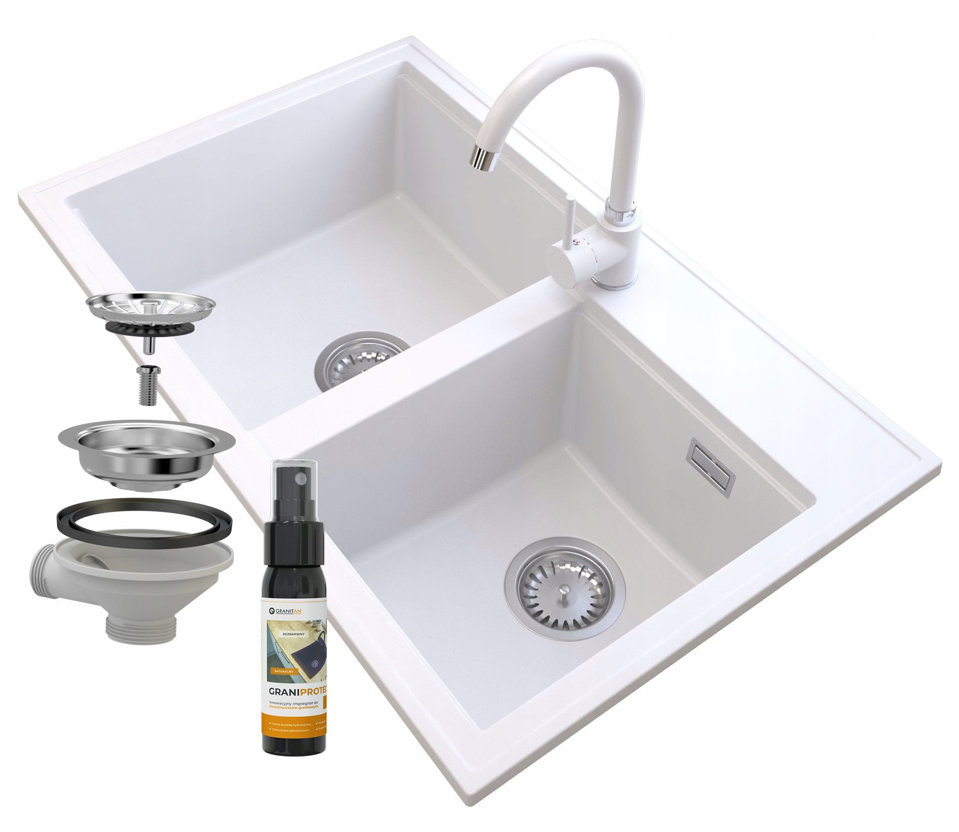 Granitový Drez, Biely Sifón, Chróm, Batéria, Hektor