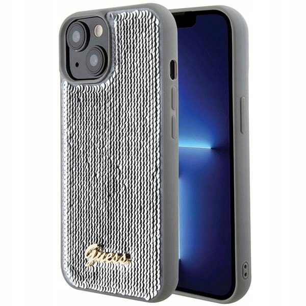 Pouzdro pro iPhone 15 Guess Sequin Script Metal Stříbrné