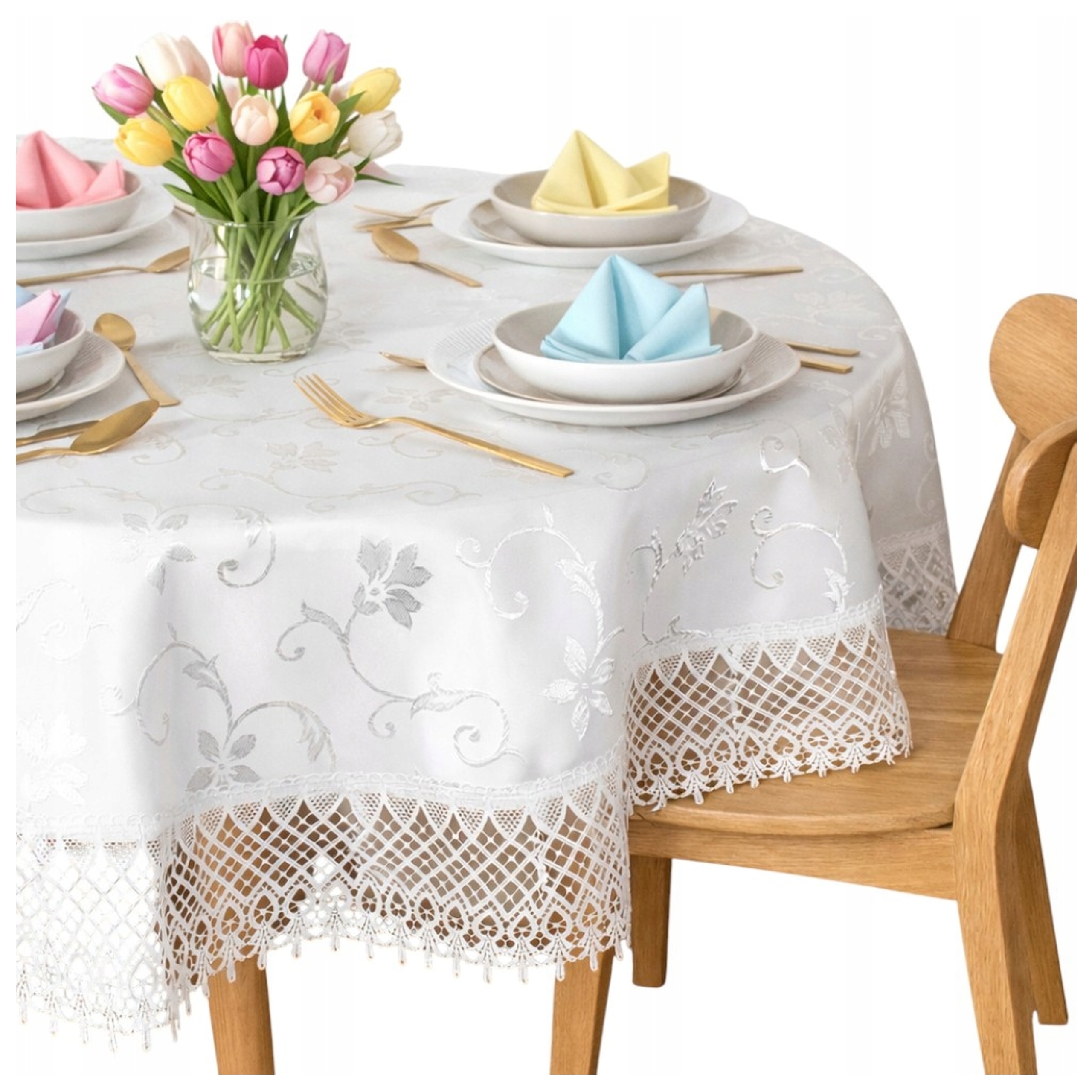 Ubrus na Kulatý vánoční stůl, nešpinivý Bílý s krajkou 140x140 cm, Kruh