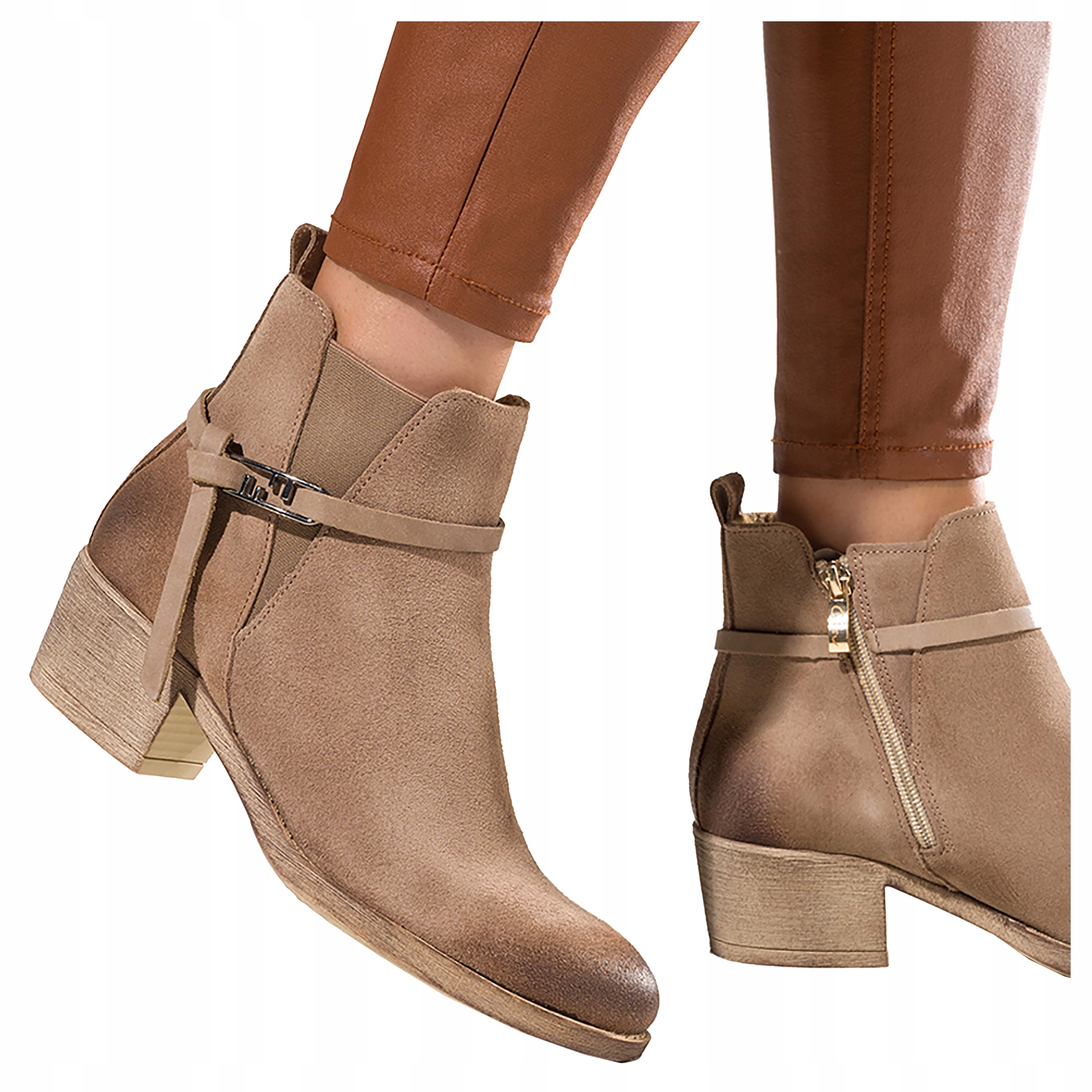 Béžové Kotníkové Boty Kožené Dámské Módní Pásek s přezkou Nízký Podpatek Pohodlné vel. 38