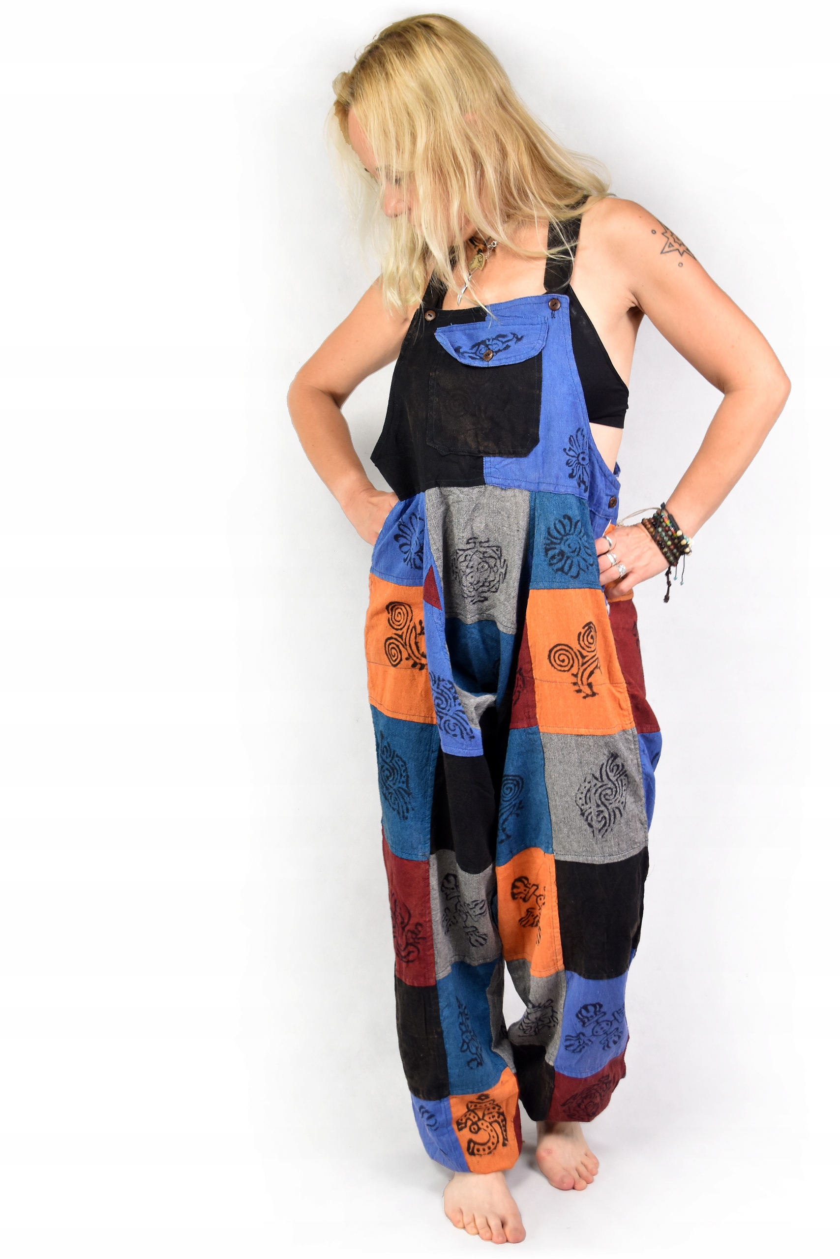 SPODNIE Ogrodniczki kolor NEPAL patchwork SZEROKIE Marka Hamro