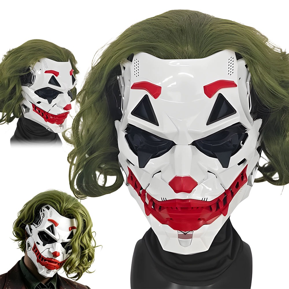 Cyberpunk klaunská maska se zelenou parukou, celoobličejová, 26 cm, na Halloween a karneval
