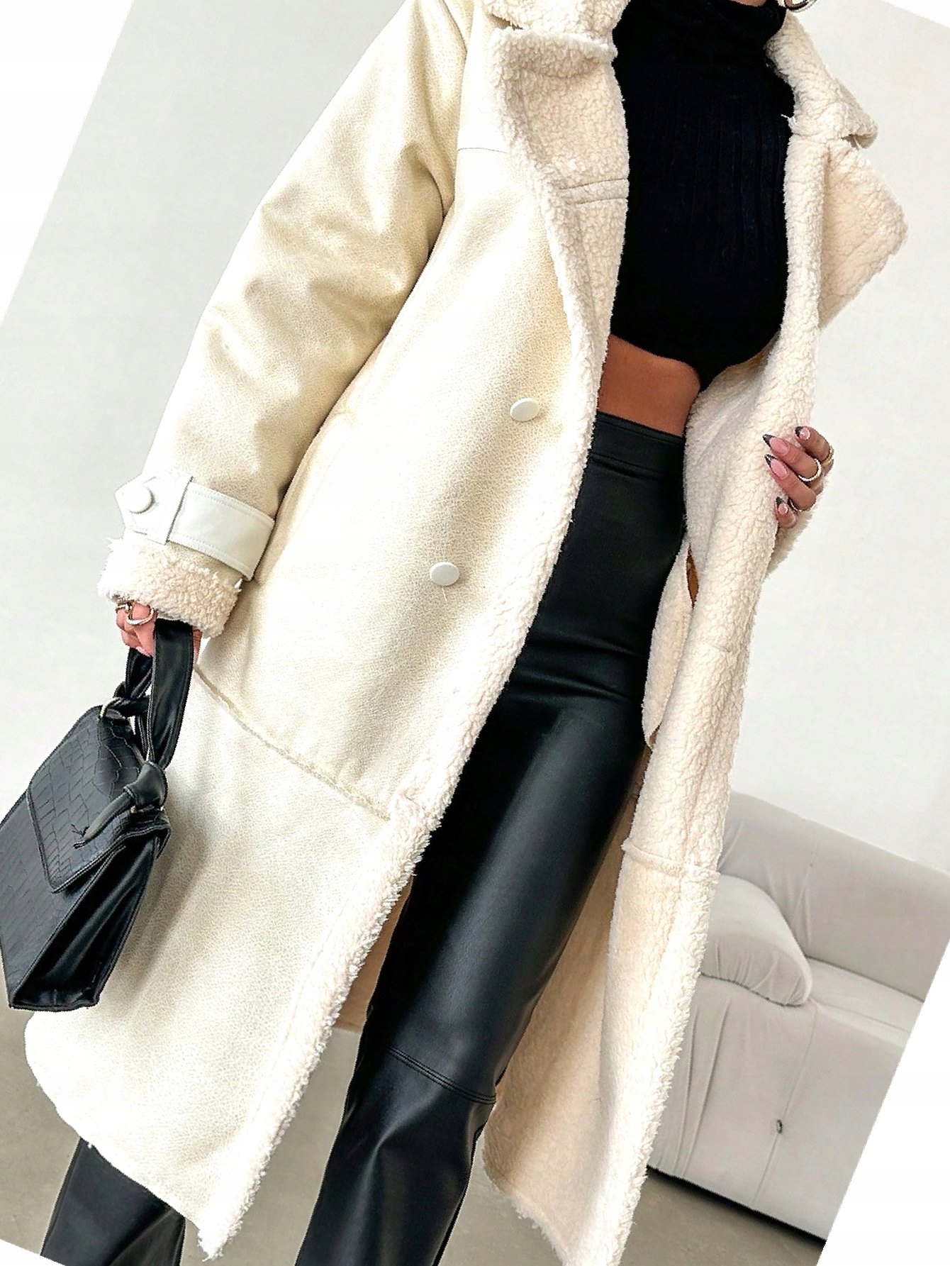 Ecru Dvouřadý kožený dlouhý kožíšek Casual S 36