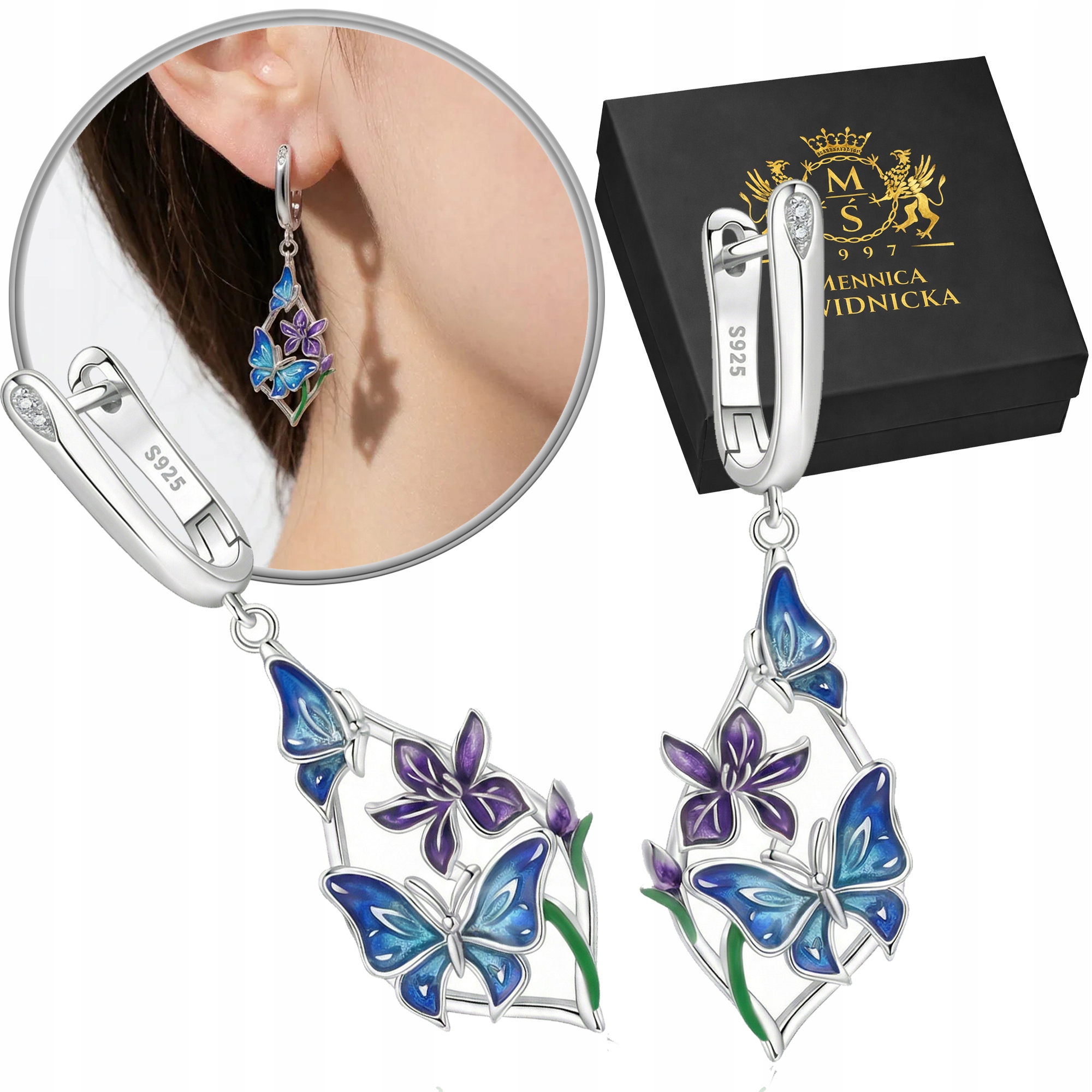 Srebrne Kolczyki Wiszące Srebro 925 Motyle Kwiaty Damskie Grawer