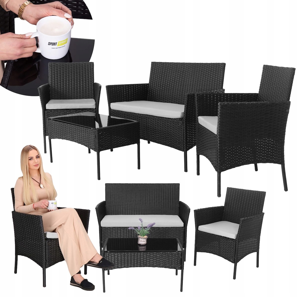 MEBLE OGRODOWE ZESTAW SOFA STOLIK FOTELE RATTANOWE KOMPLET MEBLI NA 5 OSÓB Zawartość zestawu fotel inny element niski stolik