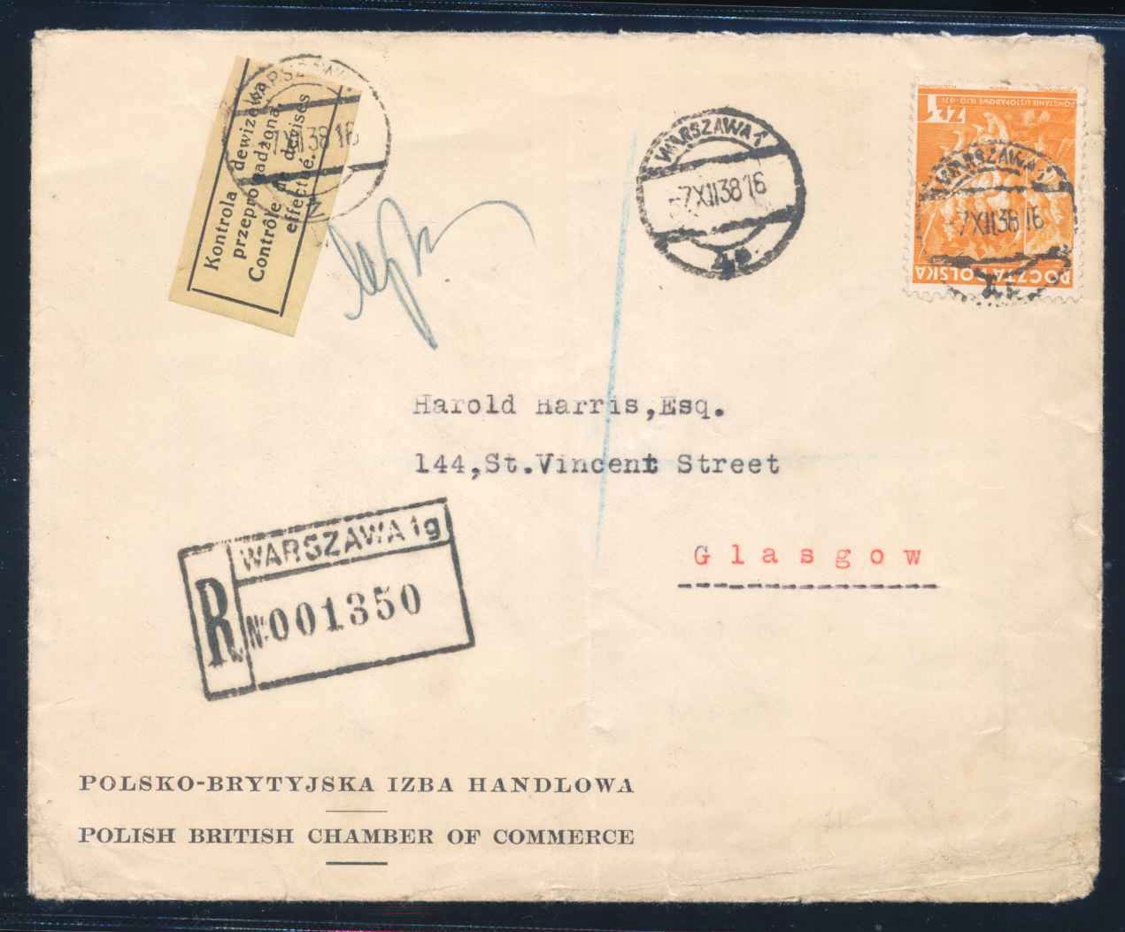 1938 PMW, koperta firmowa PB IZBA HANDLOWA, R-WARSZAWA. KONTROLA DEWIZOWA.