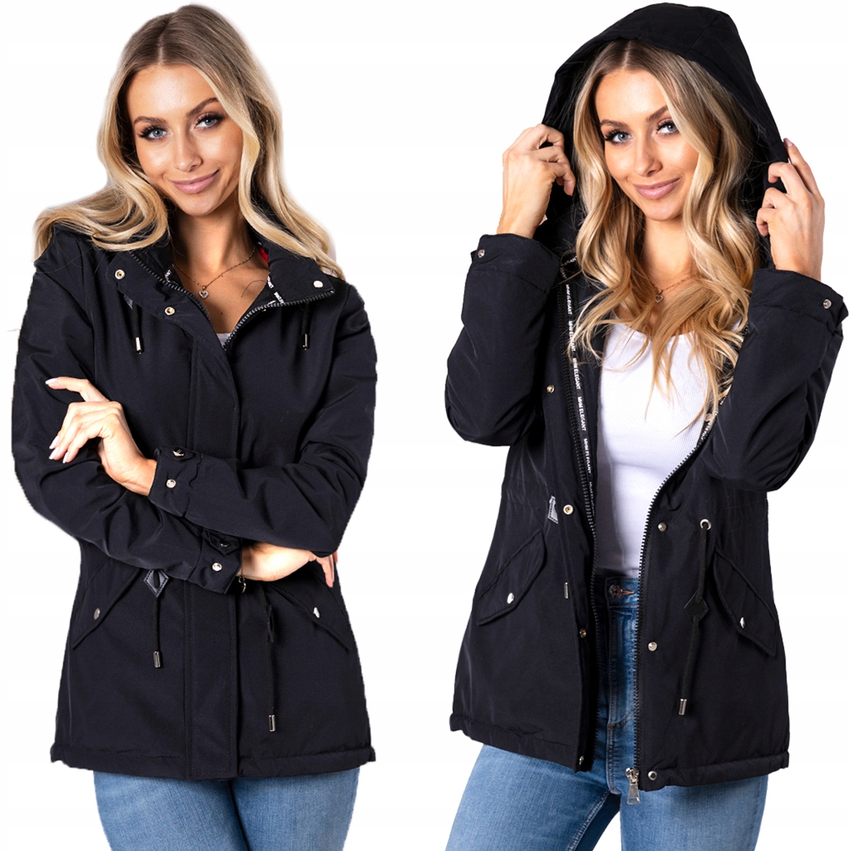 Taliowany Wiosenny Płaszcz z Kapturem Parka 3 Przejściowy XL