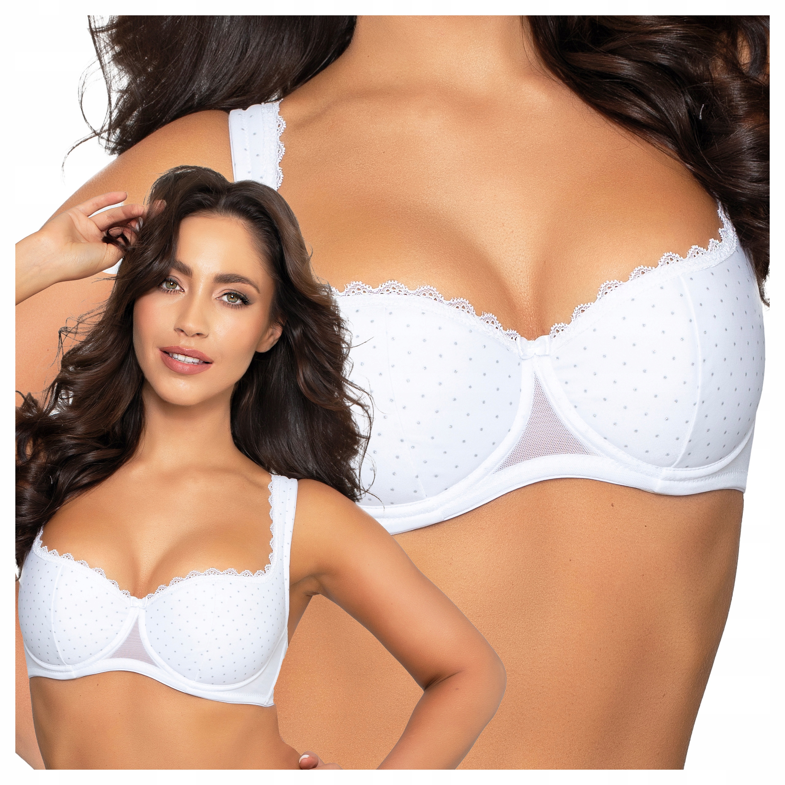 Smyslná podprsenka Balkonetka Vyztužená, hladká s puntíky 90C Bílá