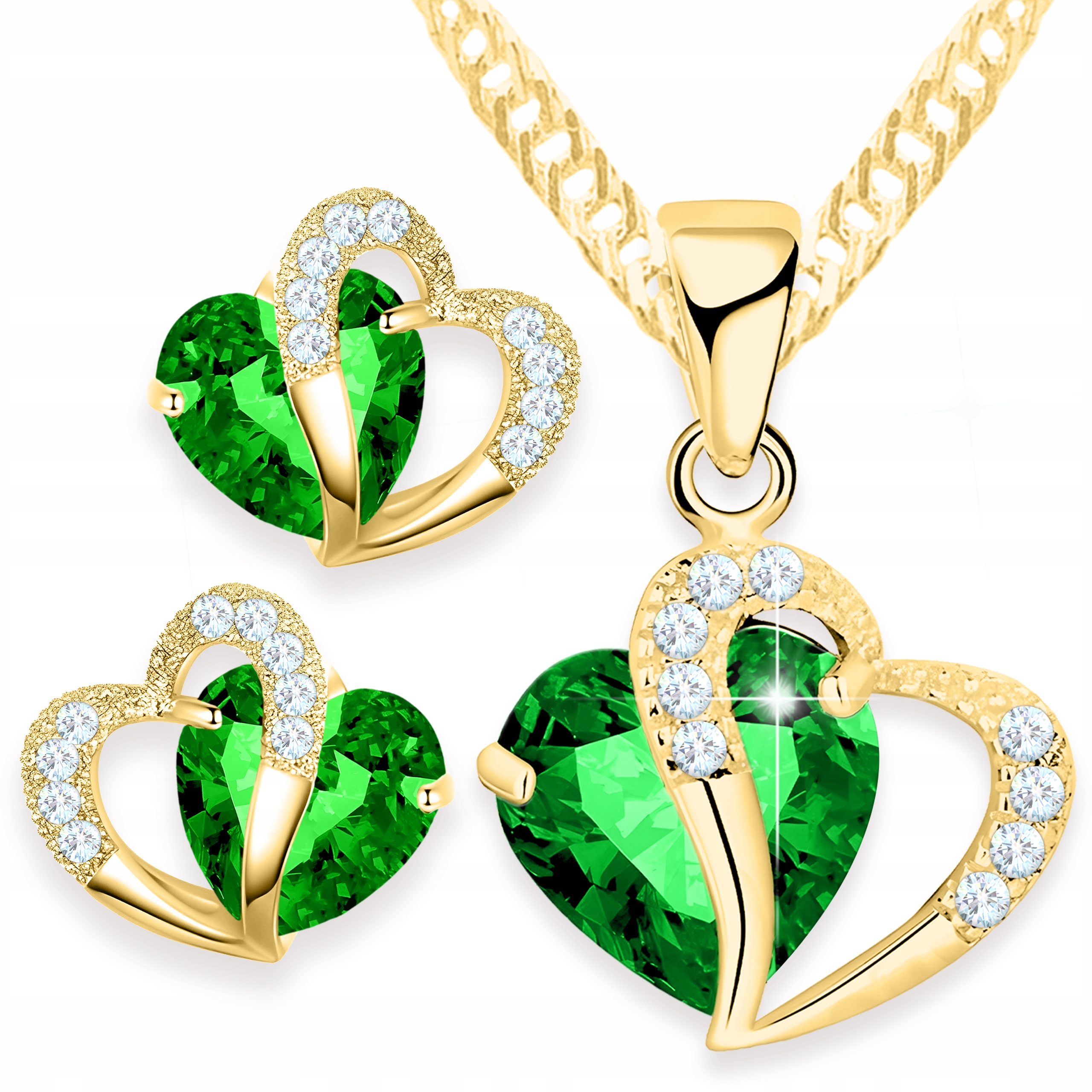 Zlatá Sada Náušnice a Náhrdelník 925 se Zelenými Křišťálovými Srdíčky