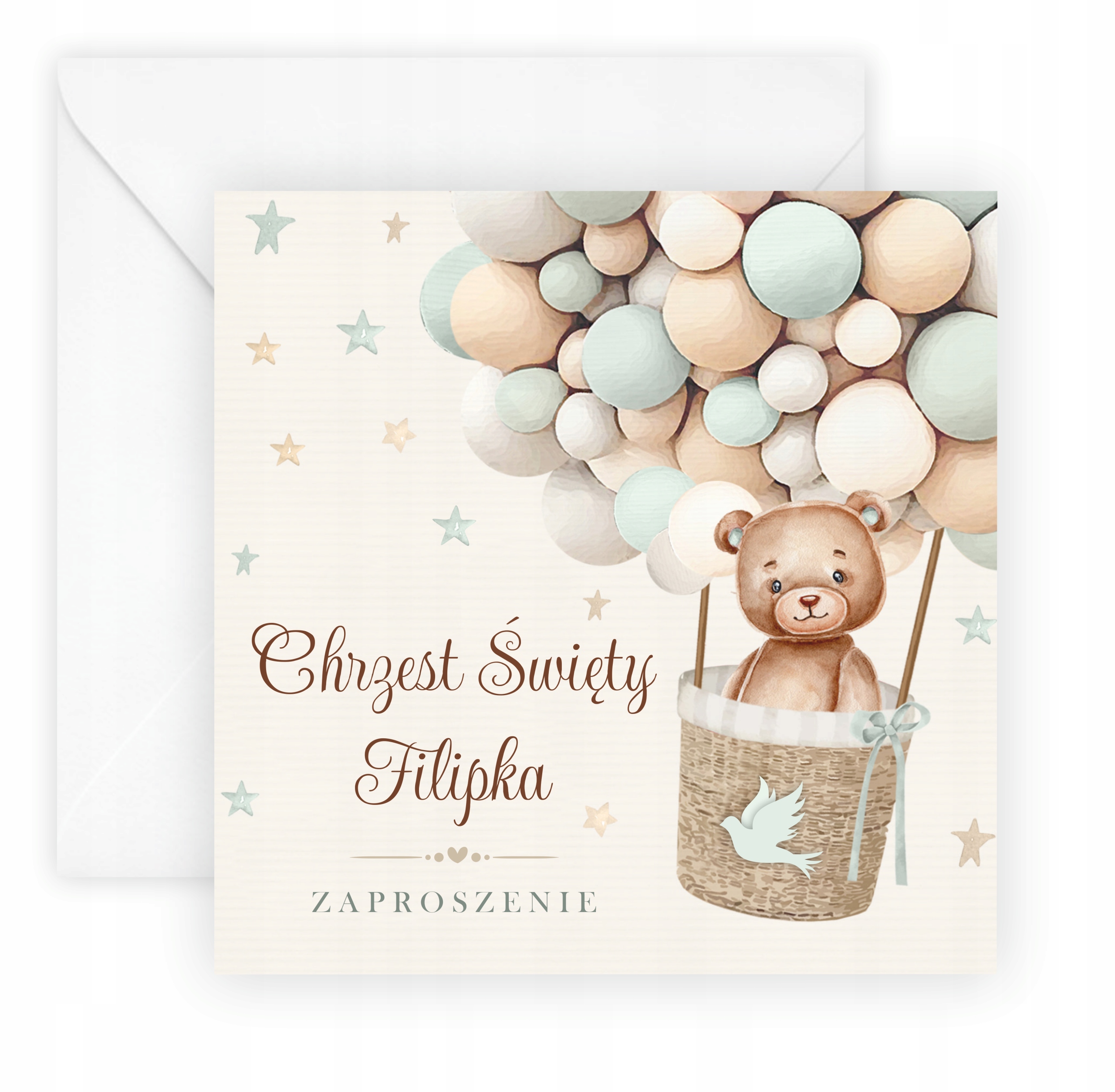 ZAPROSZENIA NA CHRZEST + IMIĘ + KOPERTA boho miś Szerokość produktu 14 cm
