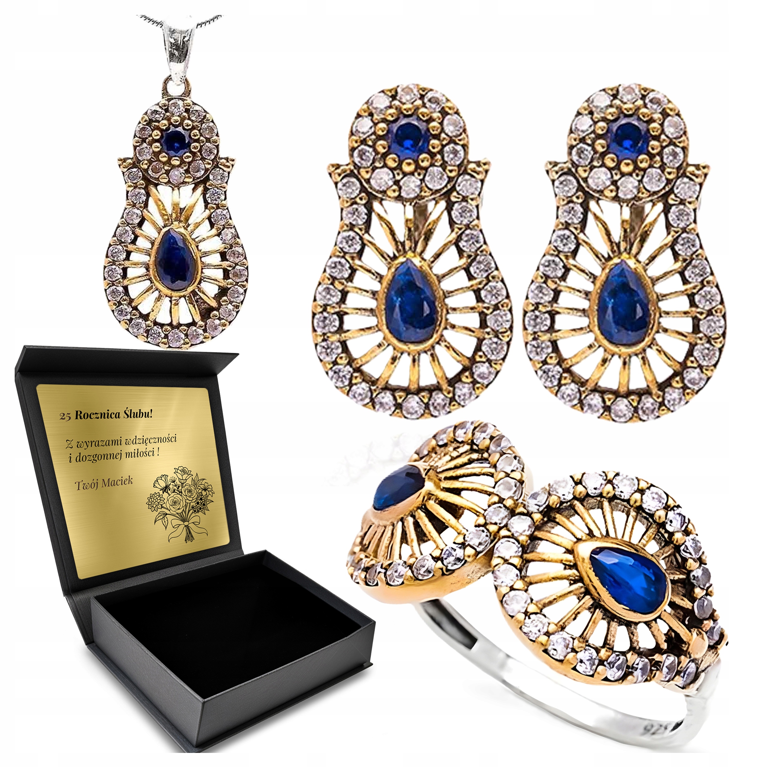 Komplet Stříbrných Šperků 925 Se Zirkony A Safírem pro ženy Gravírování