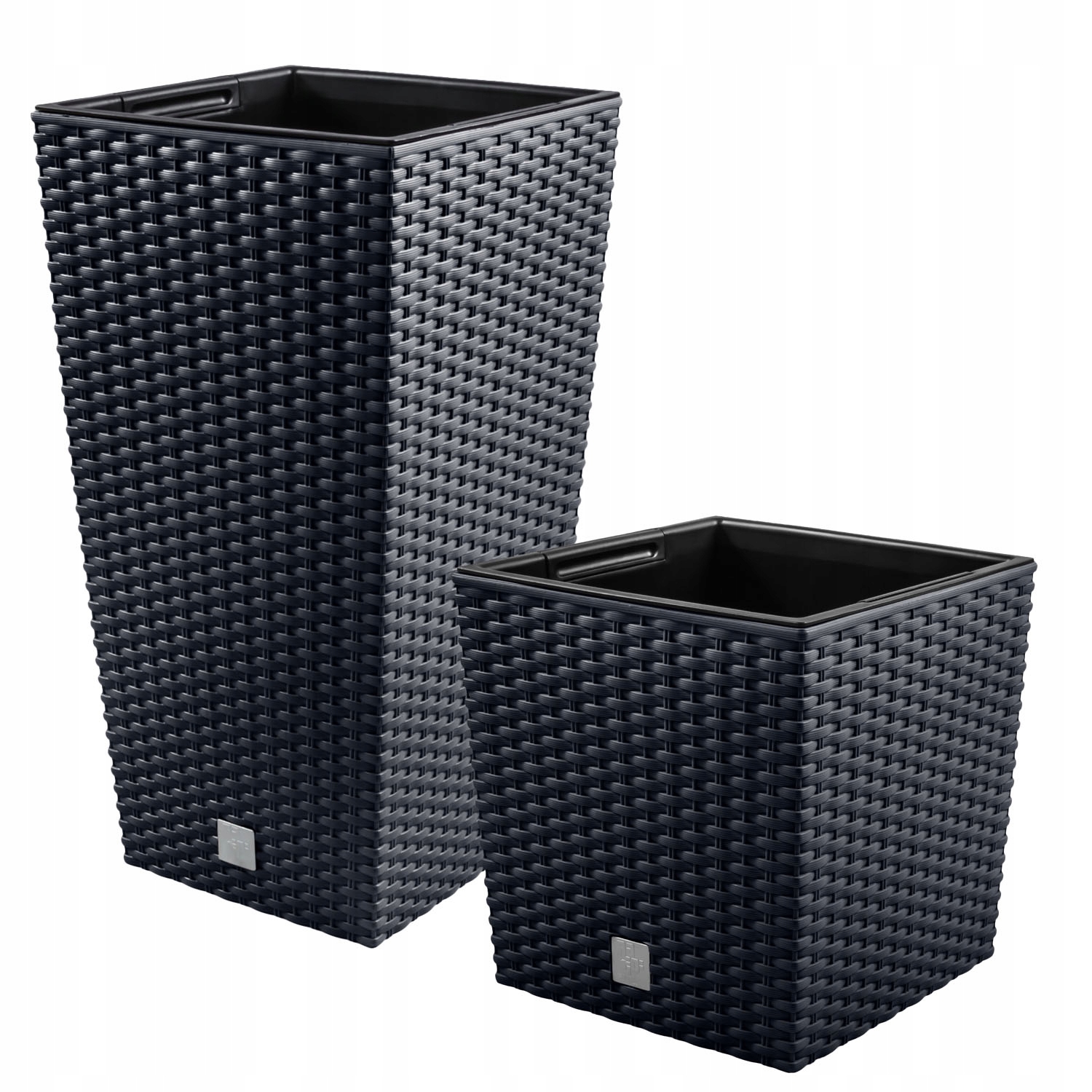 

2x ratanowe doniczki ciemne + wkłady - 32cm i 50cm