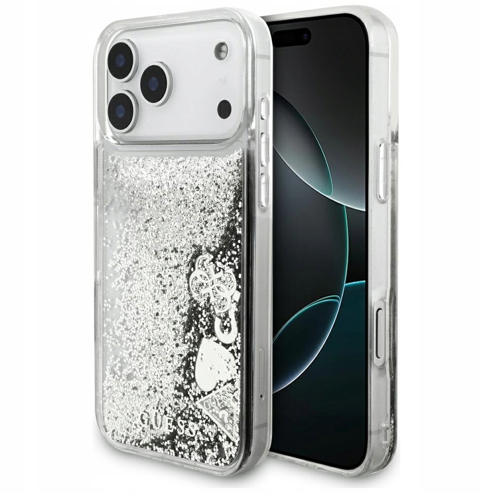 Pouzdro Guess Liq. Glitter Charms pro iPhone 17 Pro Max, stříbrné