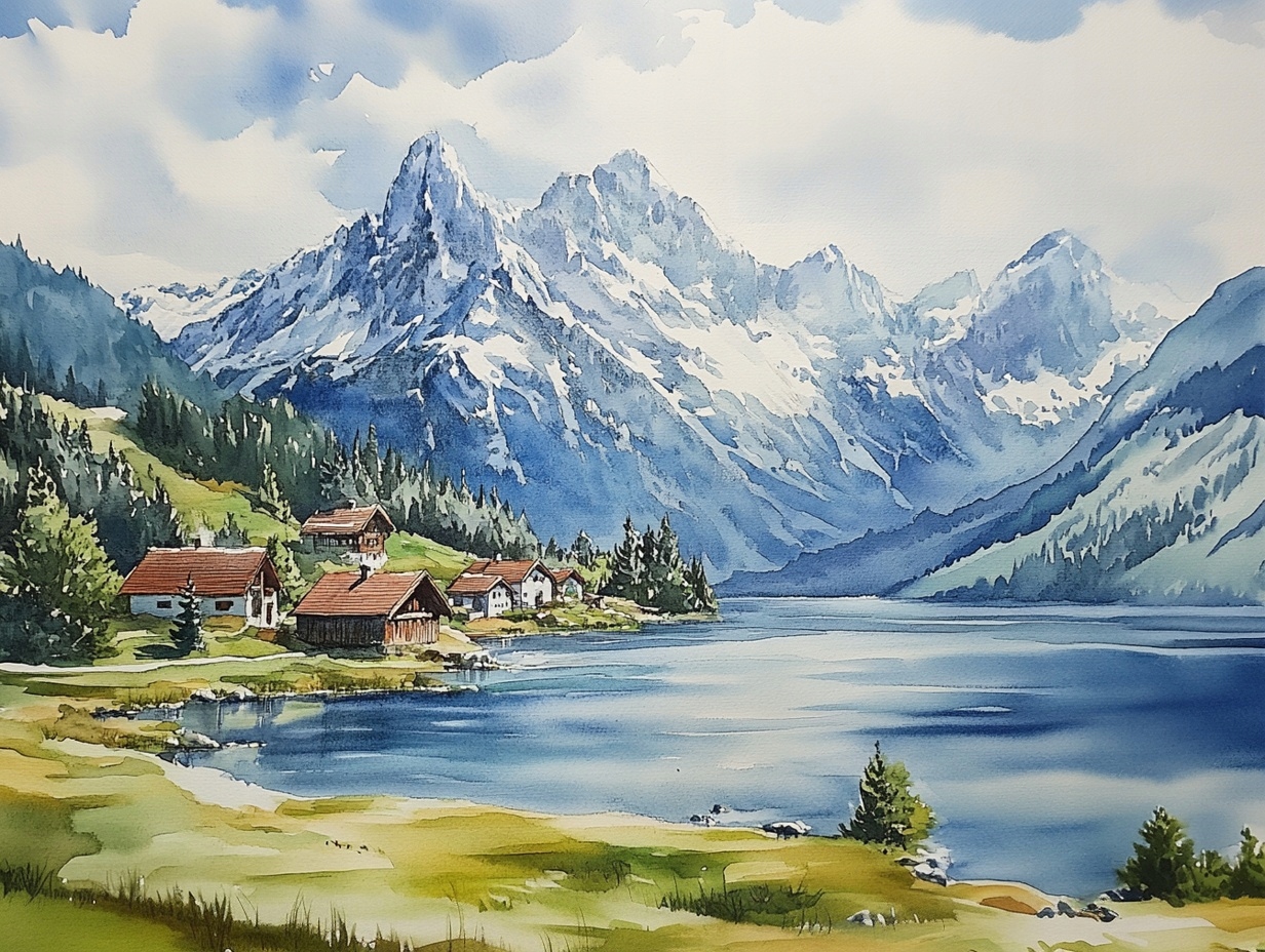 Obraz Na Plátně Canvas Krajina Hory Vrcholky Alpy Jezero Domy Vesnice 100x75