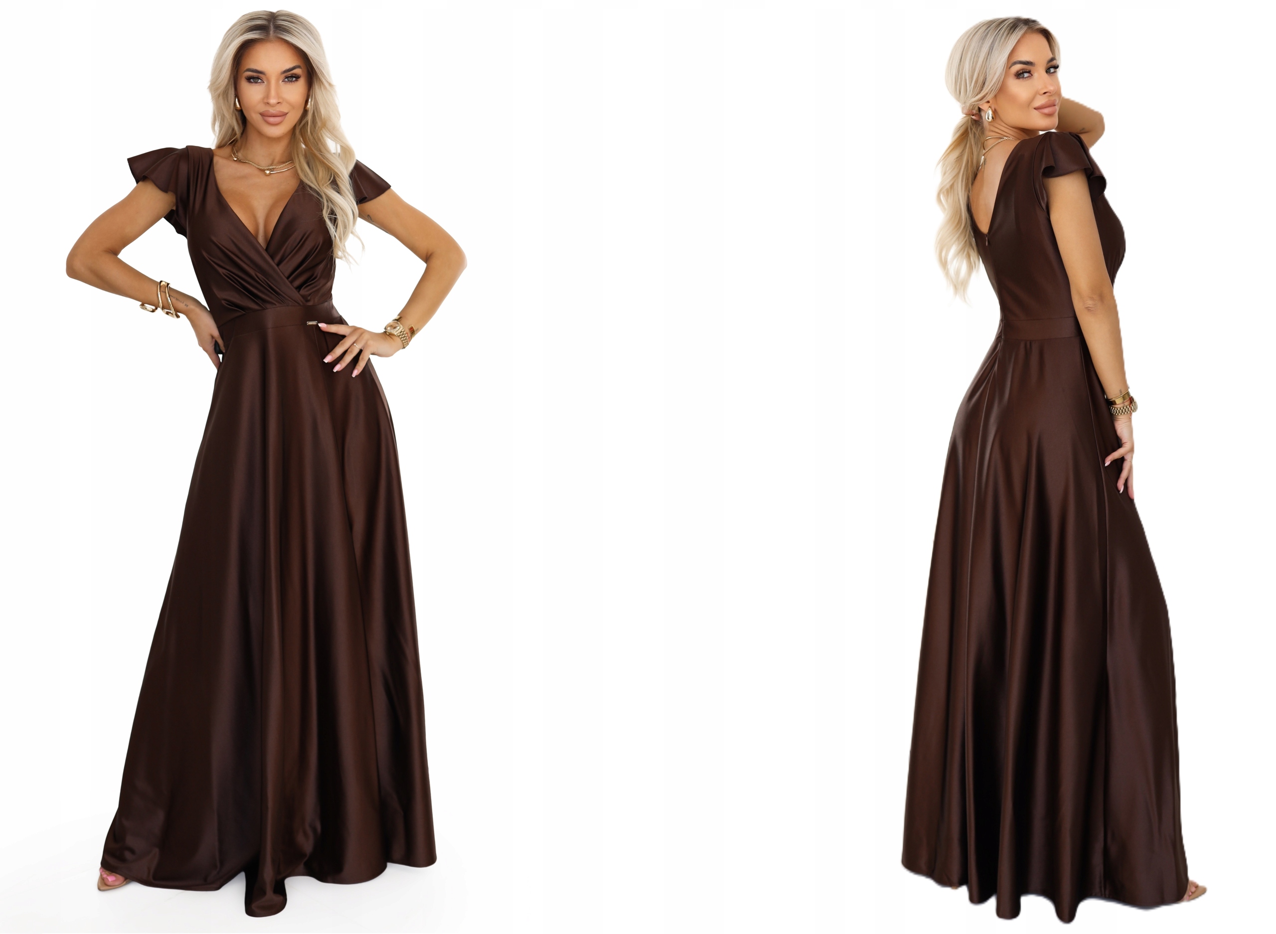 Luxusní Dlouhé Saténové Plesové Šaty S Hlubokým Výstřihem, Čokoládová Barva