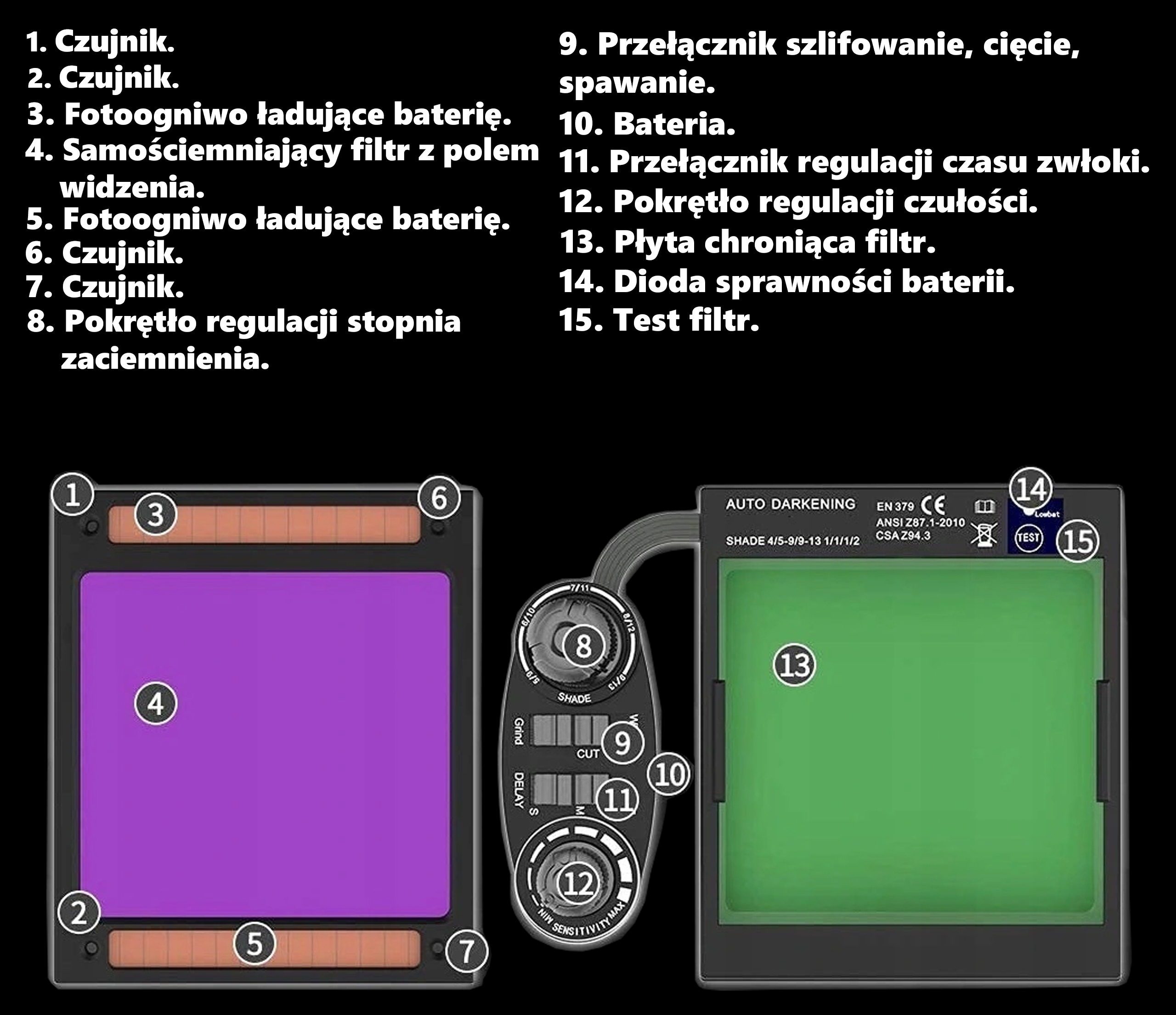 MASKA SPAWALNICZA przyłbica SAMOŚCIEMNIAJĄCA FILTR Liczba sensorów 4