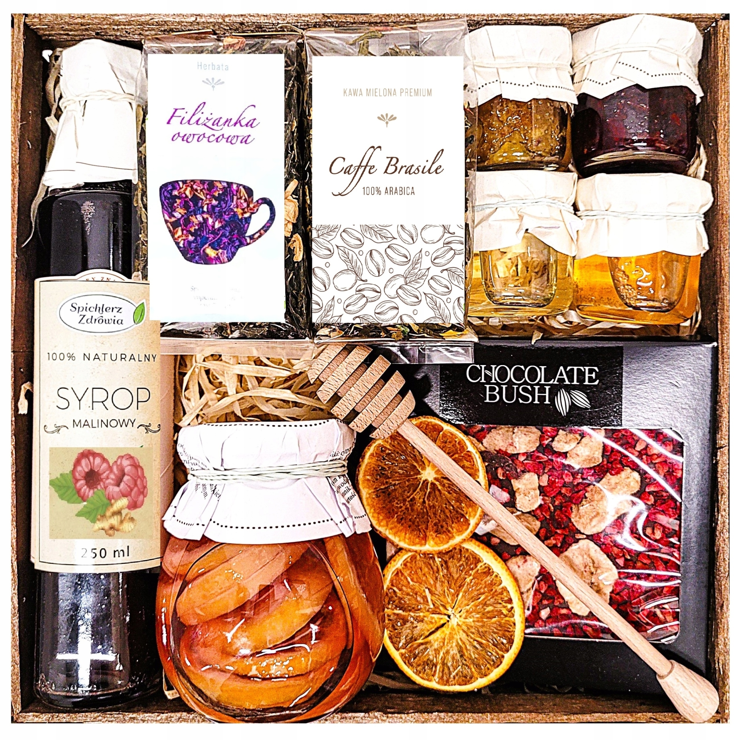 Levně Dárkový Koš Dárek Dárkové Balení Čaje Med Malinový Sirup Čokoláda