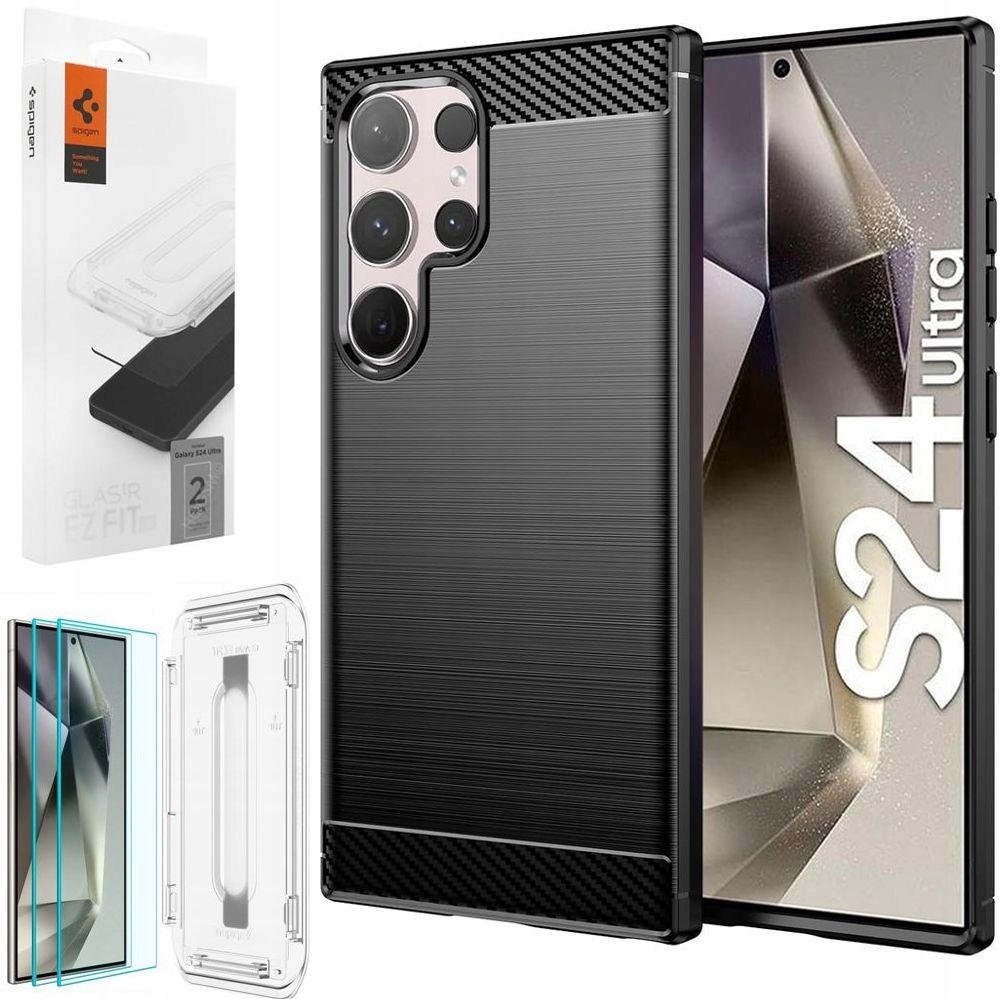 Pouzdro Carbon Soft Case Black 2x Sklo Spigen pro Samsung Galaxy S24 Ultra