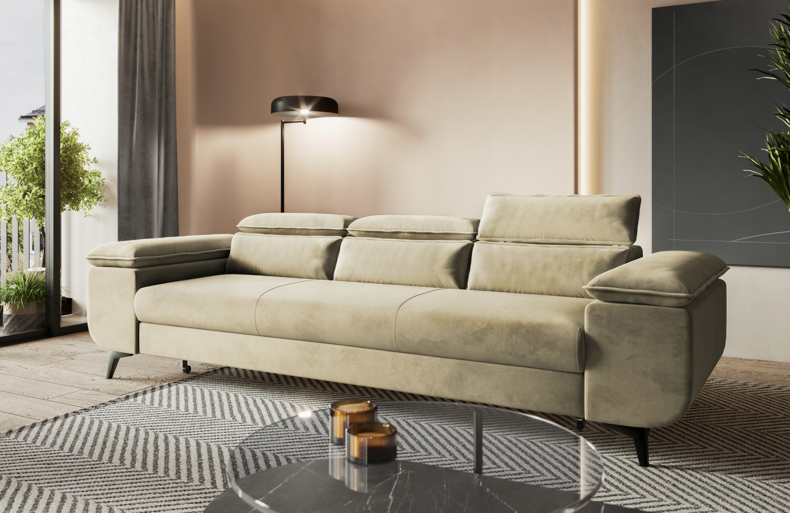 Pohovka s funkcí spaní Flat s nastavitelnými opěrkami hlavy, béžový velur