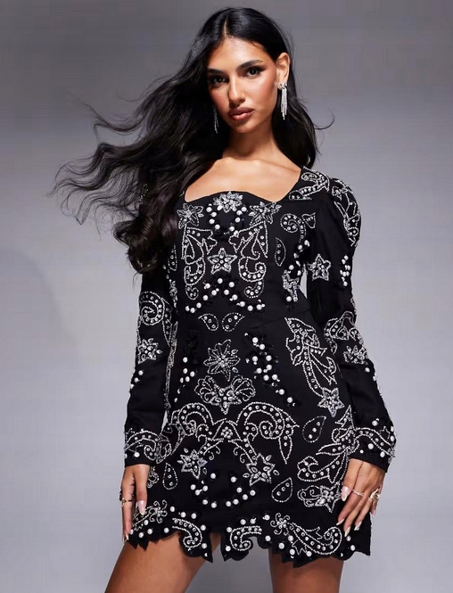 Zdobené Koktejlové Šaty Zirkony Korálky Design Luxe 38 M