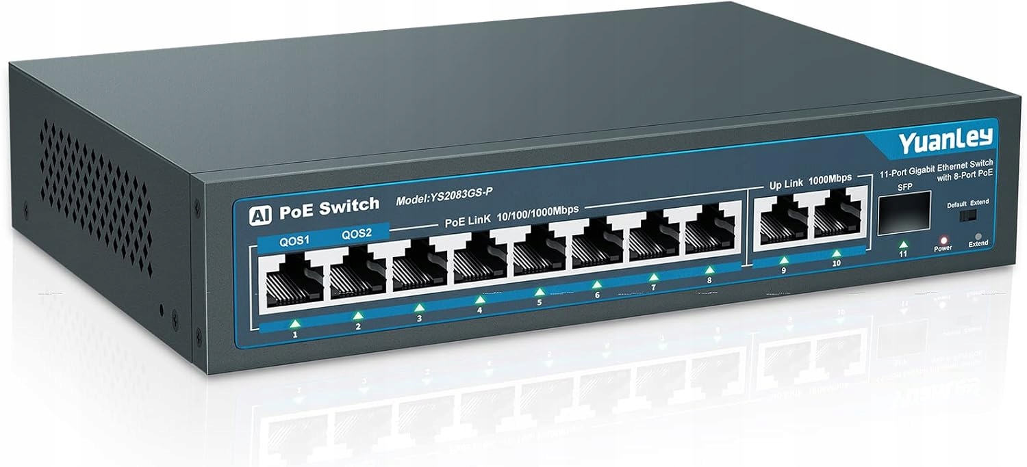 YuanLey 11-portový přepínač switch PoE 8x1000 Mbps 2xUplink Sfp 120W