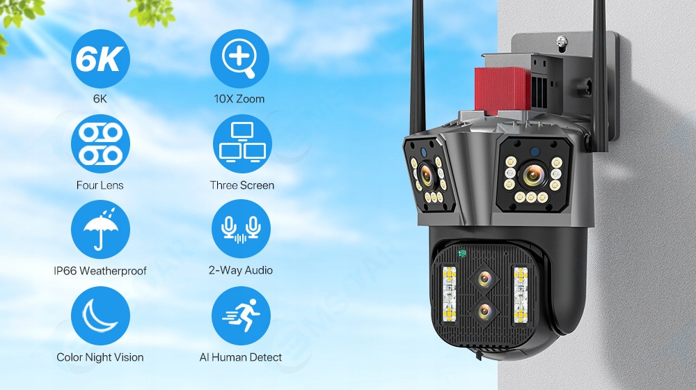 POTRÓJNA PANORAMICZNA KAMERA MONITORINGU OBROTOWA 6MPX LAN WiFi Zoom x 10 Marka Inna