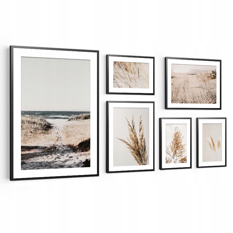 Komplet Obrazů Set 6 Ks Plakáty v rámu Pláž Písek do obývacího pokoje