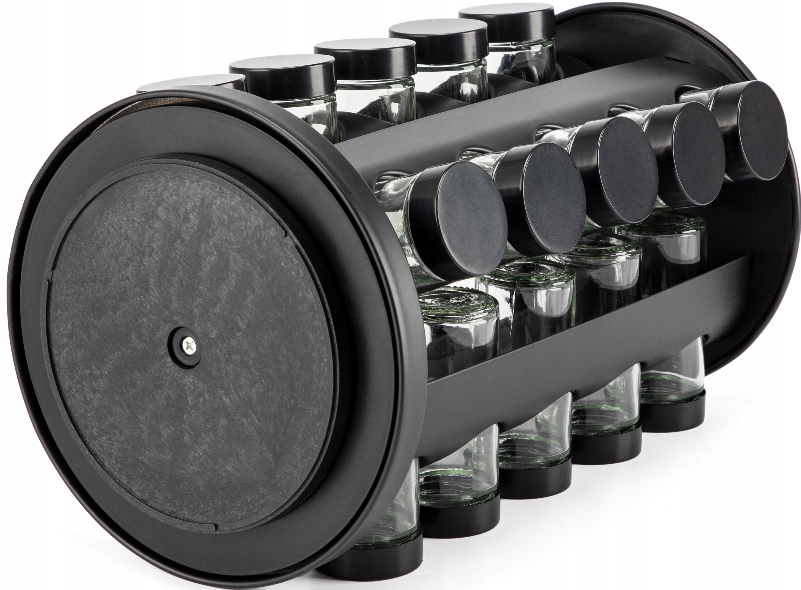 DUŻY STOJAK NA PRZYPRAWY PRZYPRAWNIK OBROTOWY + 20 SŁOICZKÓW Z NAKRĘTKAMI Kolor czarny