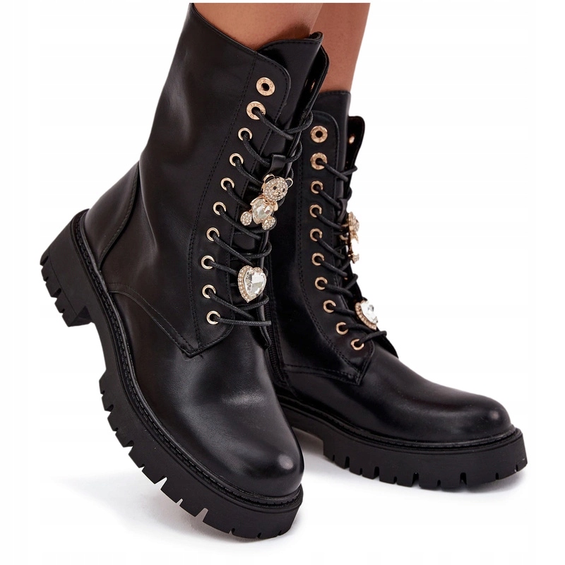 Kotníkové Boty Workery Zateplené Na Zip, Připínáčky Medvídek Srdce Černé 39