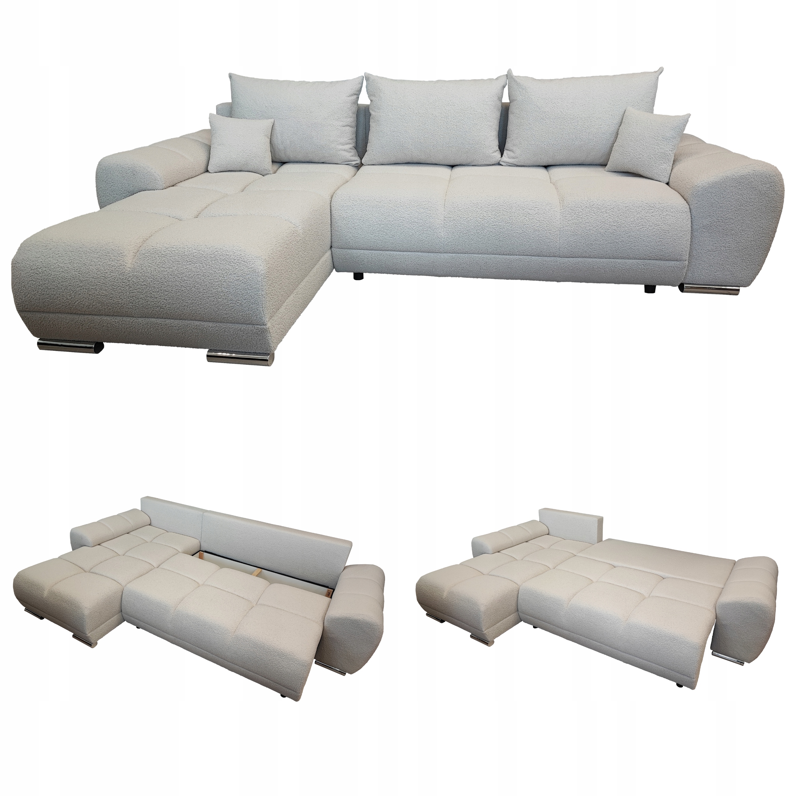 Bílý Rohová Sedací Souprava S Funkcí Spaní Rozkládací Rohová Sedačka Honey Beránek Nádoba