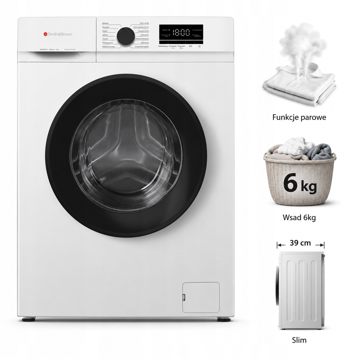 Pralka Slim Smith&Brown SWAN-610-W24 6kg 1000 obr/min 74 dB 14 programów
