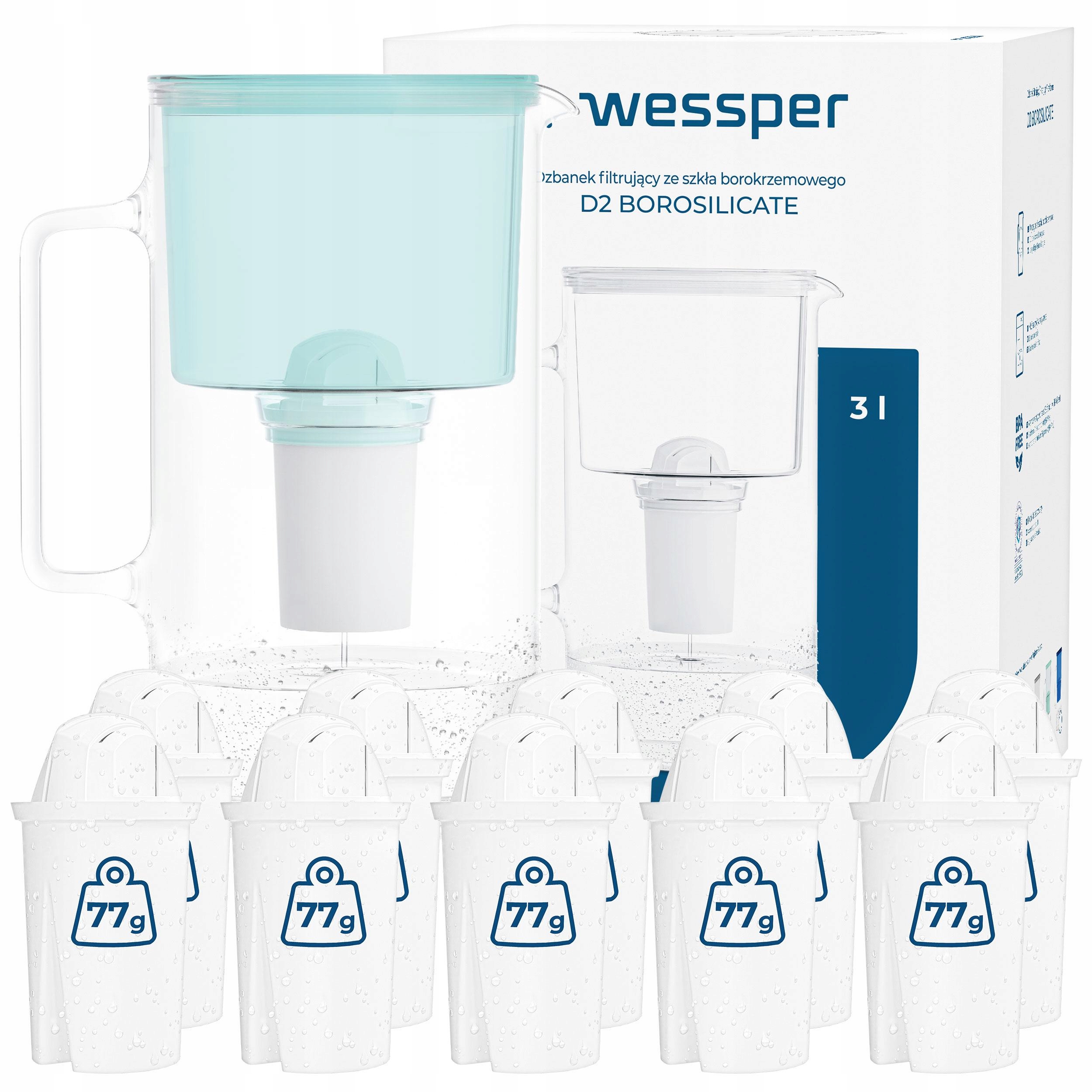 Skleněná filtrační konvice Wessper D2 Borosilicate 3 l, mátová 11 x filtr