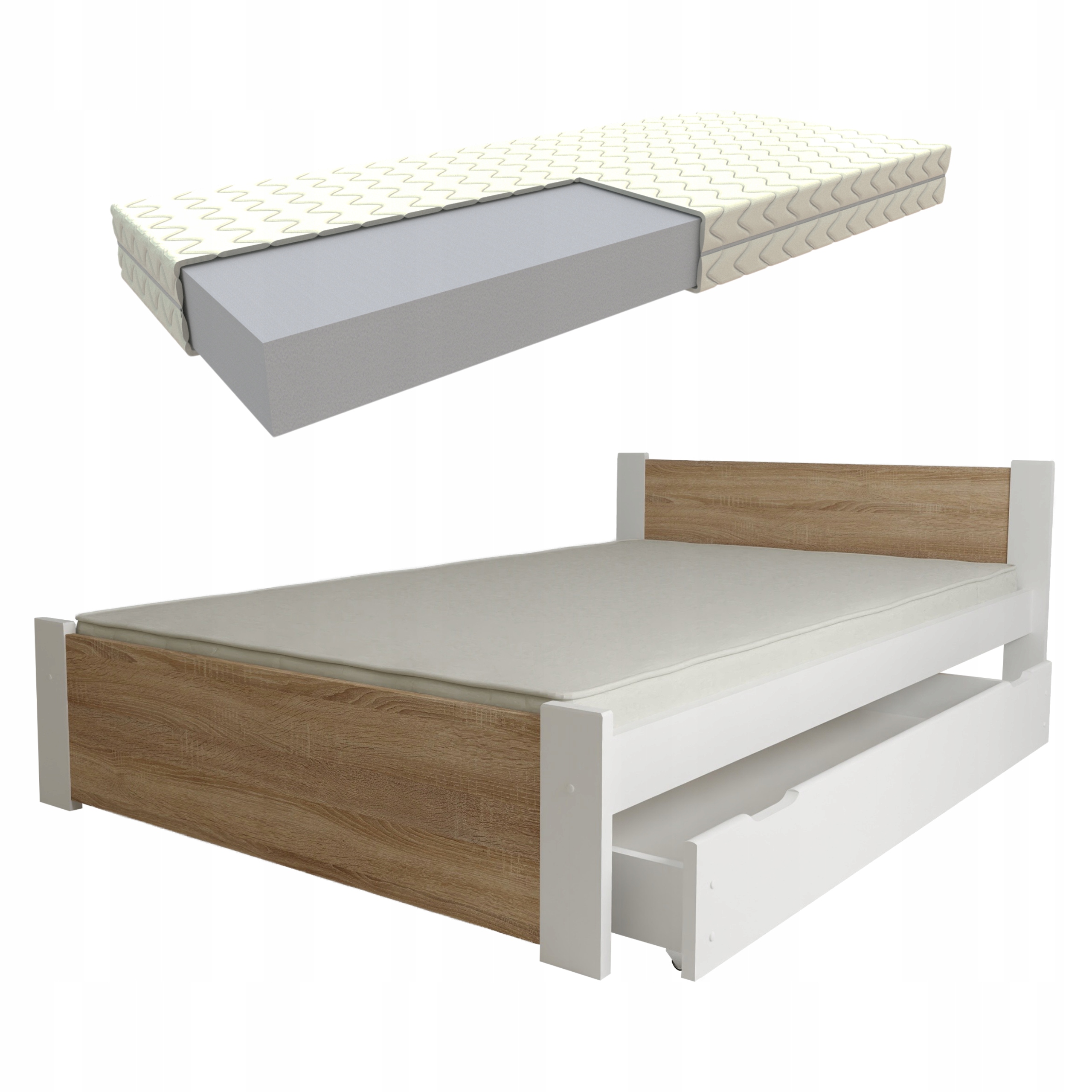 Łóżko 140x200 D3 Białe Dąb Sonoma Zestaw Stelaż Materac Szuflada