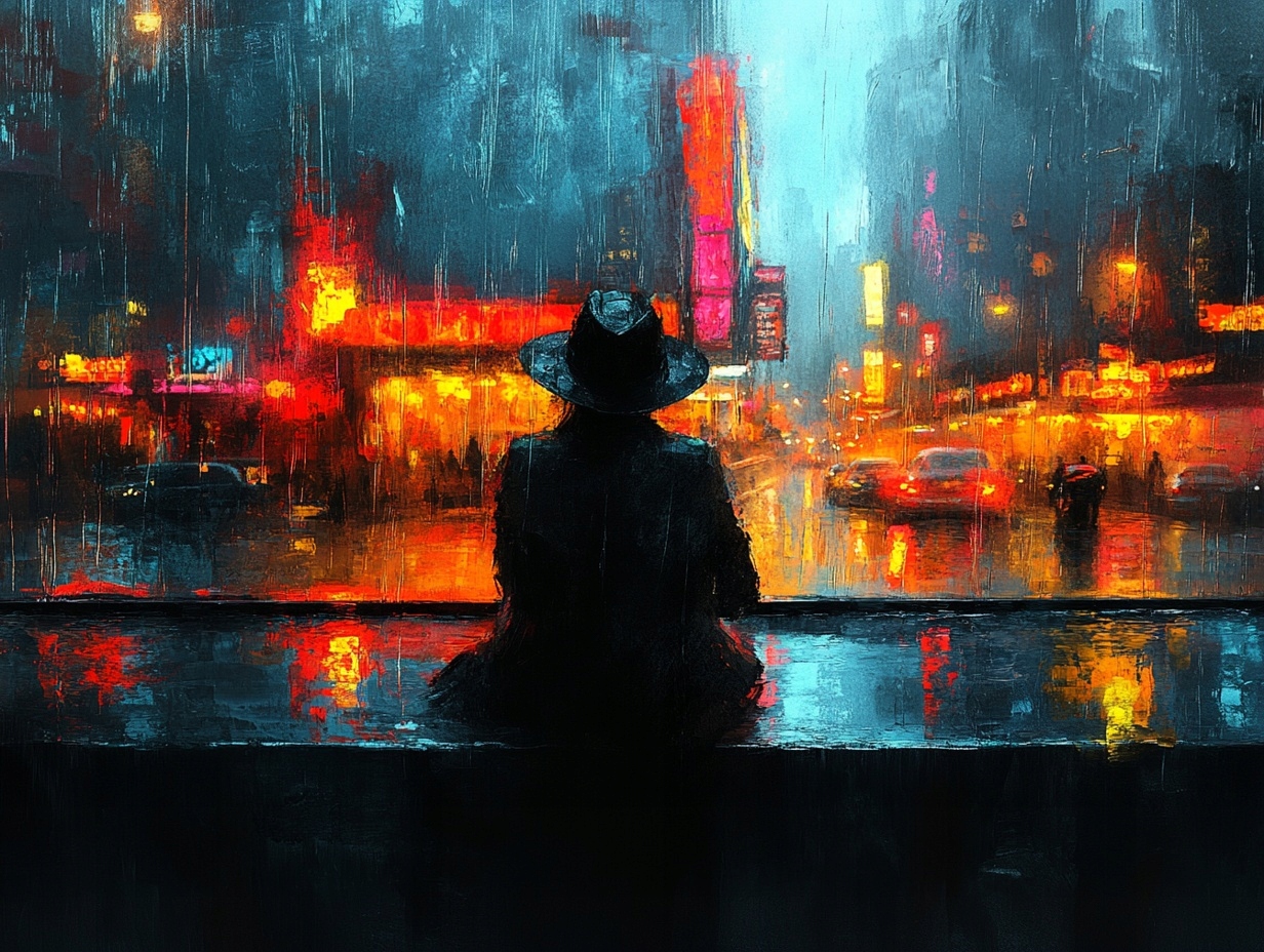 Obraz Na Plátně Canvas Postava Muž Noc Město Déšť Světla 100x75