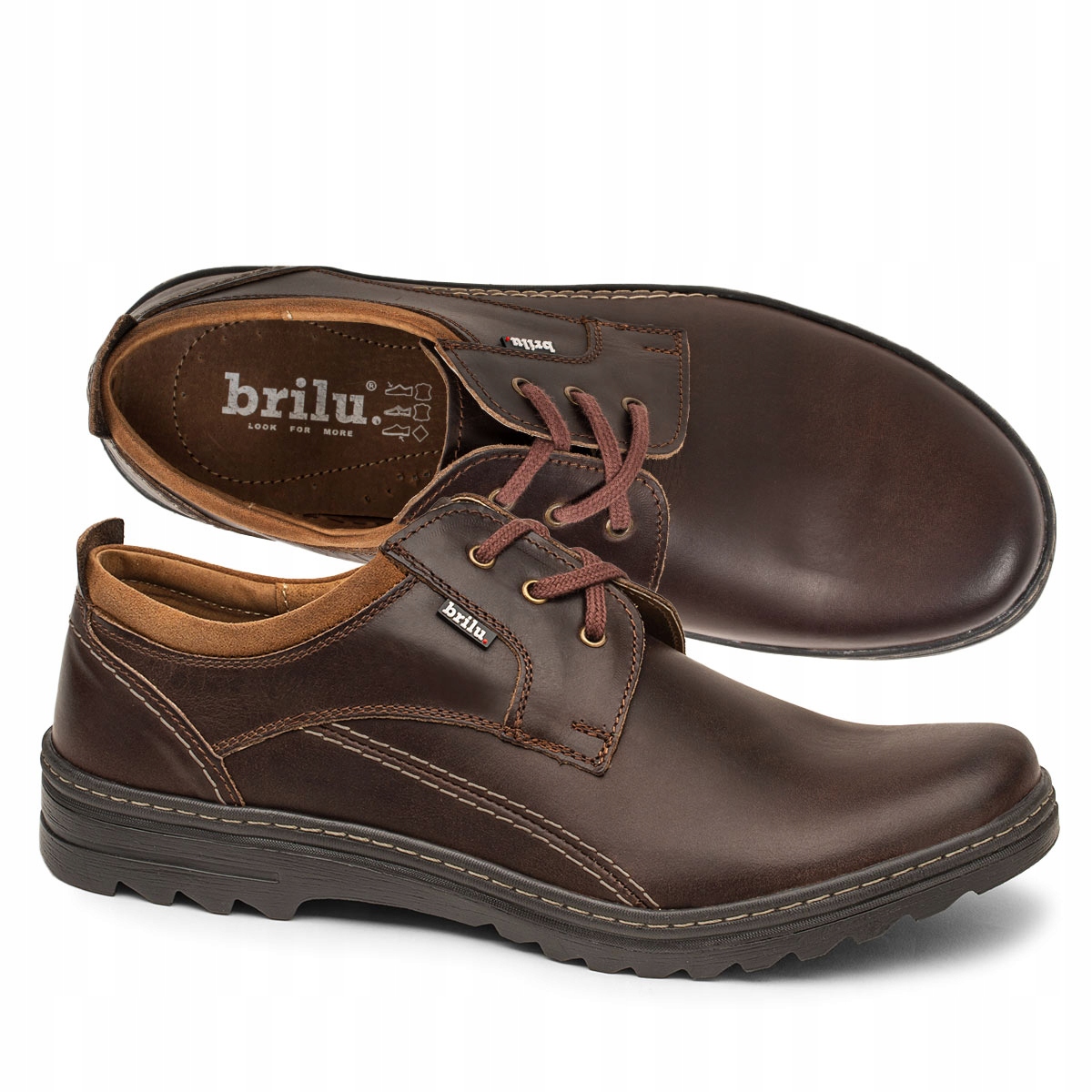 Brilu Polskie Półbuty Męskie Wiązane Skórzane Clayton Brązowe 45