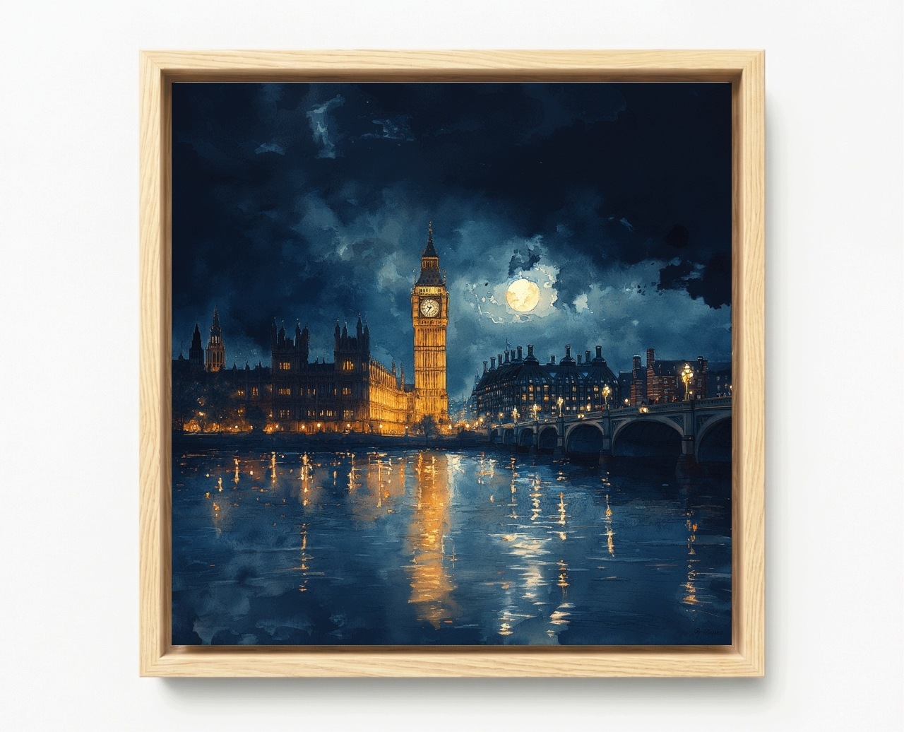 Obraz Rám Americký Box Město Londýn Tamiza Big Ben Noc Měsíc 50x50