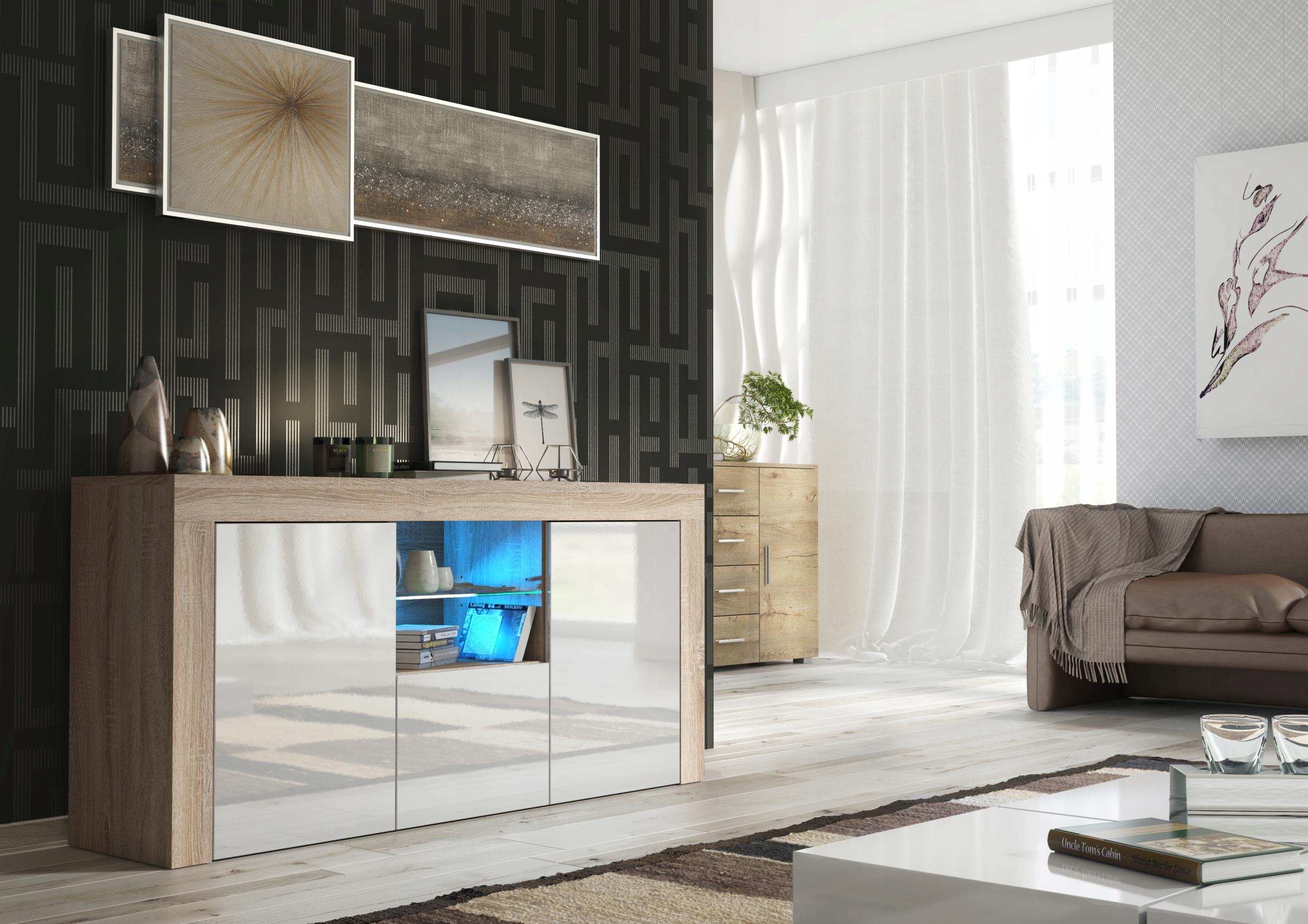 KOMODA STOLIK SZAFKA DĄB/BIAŁY POŁYSK RTV E111 Marka EFS