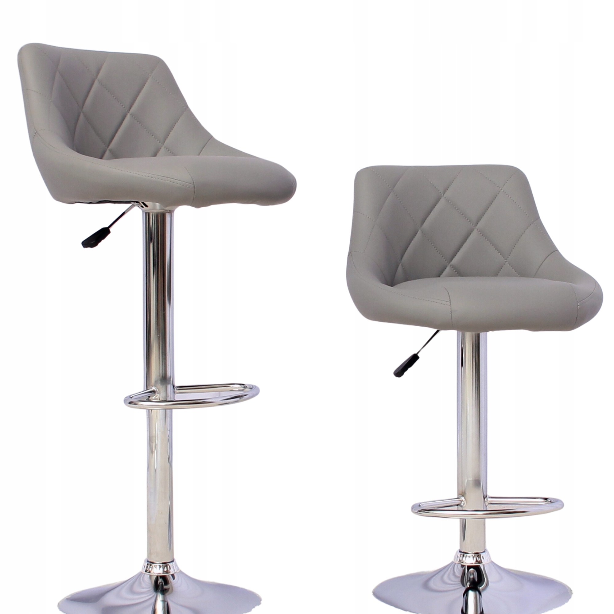 2x Hokery Krzesła Barowe Skóra Pikowane Skóra Ekologiczna Szare Regulowane Szerokość siedziska 45 cm