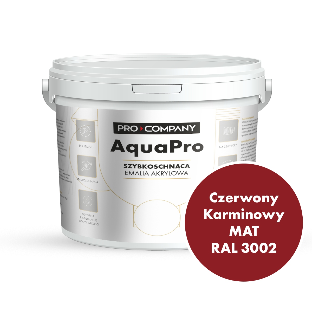 Aqua Pro Emalia Akrylowa Szybkoschnąca 9L Czerwony Karminowy Mat Ral 3002