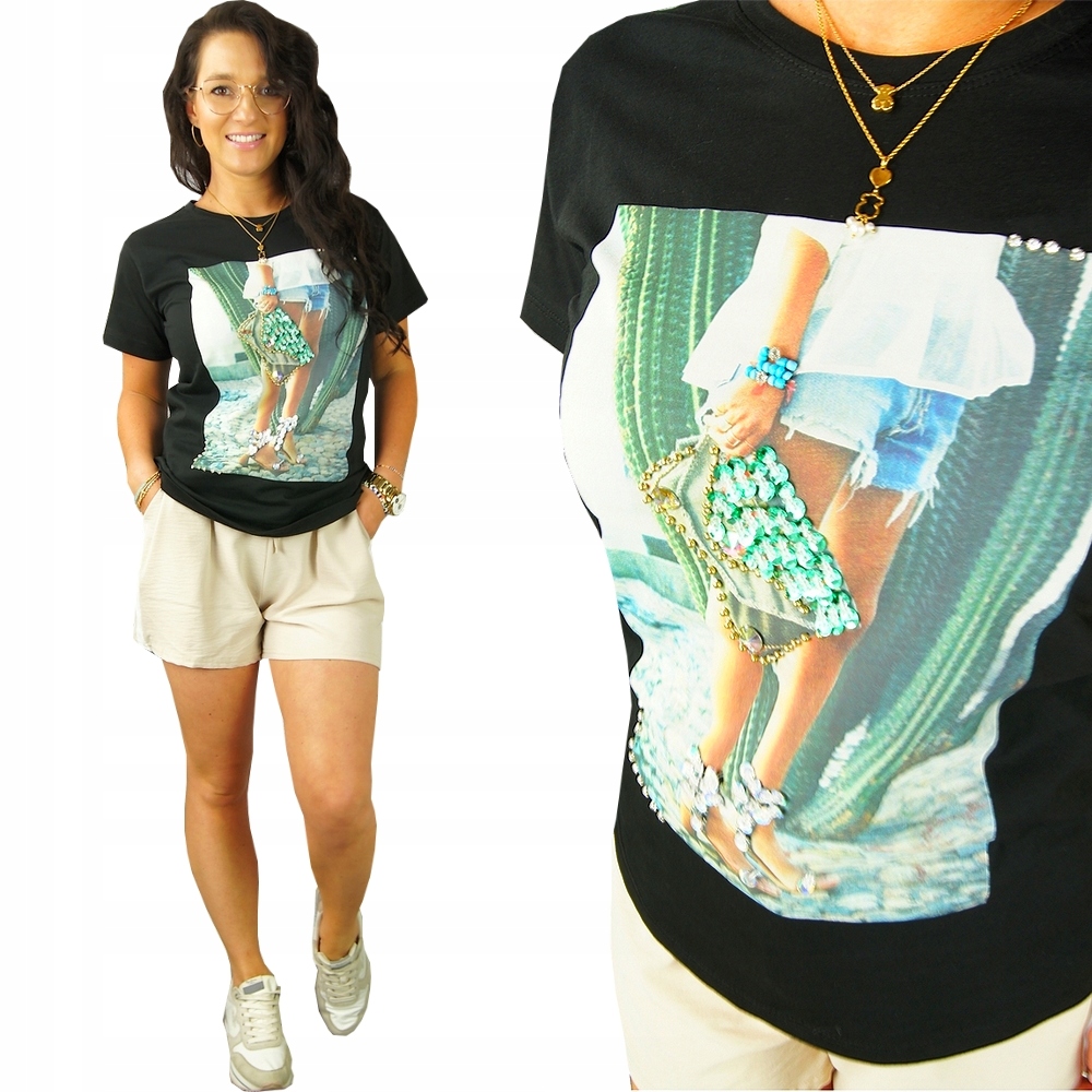 

Bluzka T-shirt Wzory Z Dżetami Bawełna z Lycrą #M