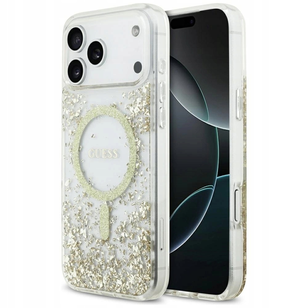 Pouzdro Guess Resin Bottom Glitter MagSafe pro iPhone 17 Pro Max zlaté