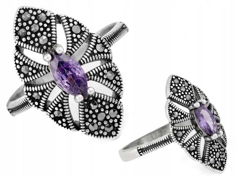 Dámský stříbrný prstýnek 925 s oválem, fialová zirkon markýza, velikost 17