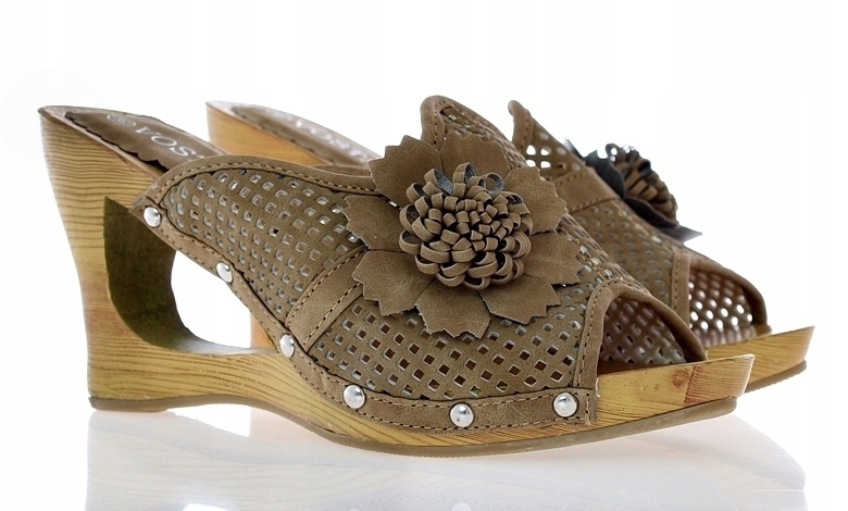 KLAPKI BEŻOWE AŻUROWE FANTAZYJNY KOTURN 4985 r. 40