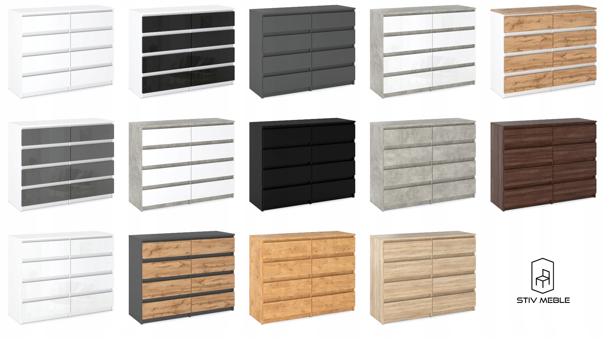 Duża Komoda z Szufladami 120 CM 8 Szuflad Szara Dąb Wotan Szafka Rtv Loft Wysokość mebla 92.5 cm