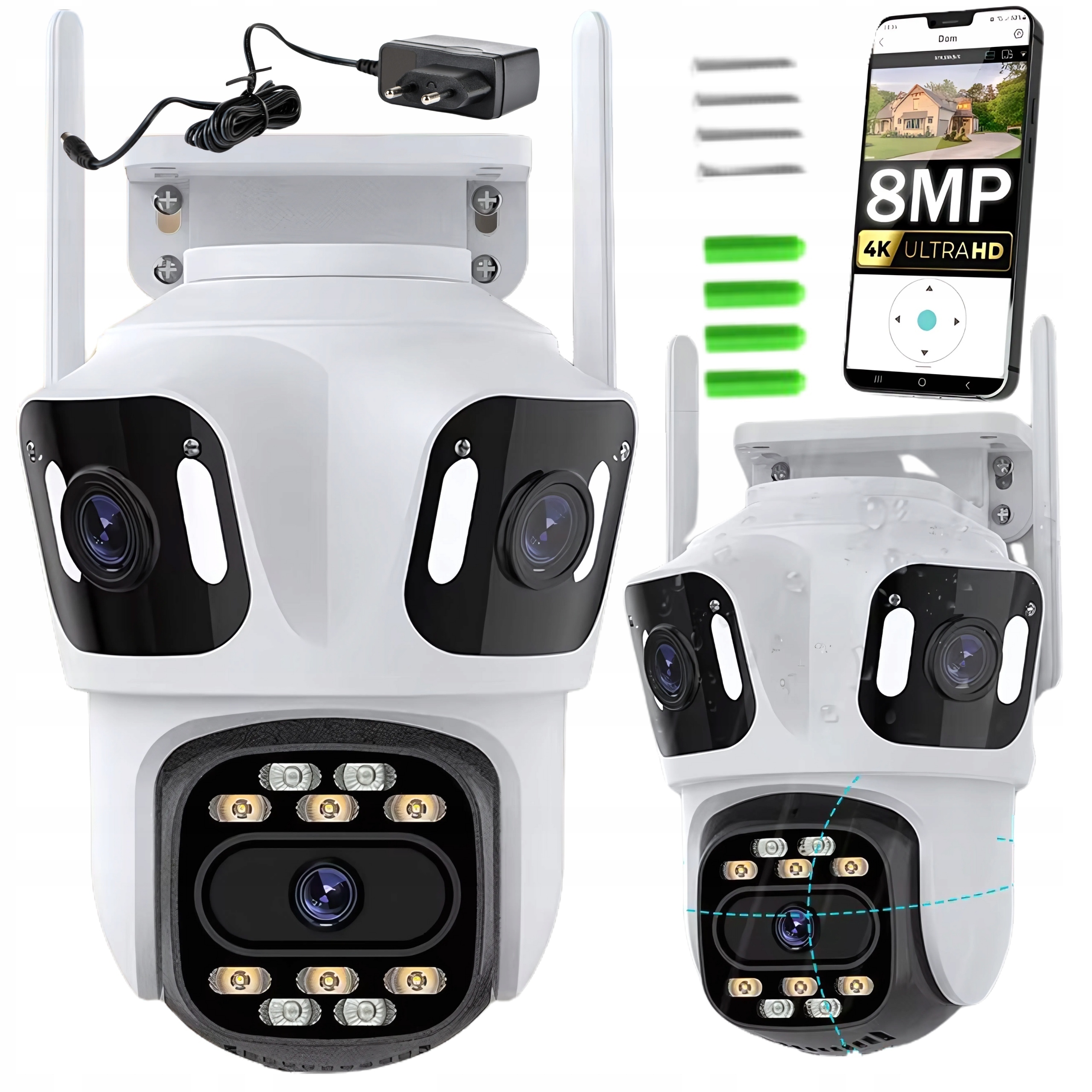 Potrójna Kamera Wifi Ip Smart Zewnętrzna Obrotowa Uhd 8MP Zoom Icsee 3w1