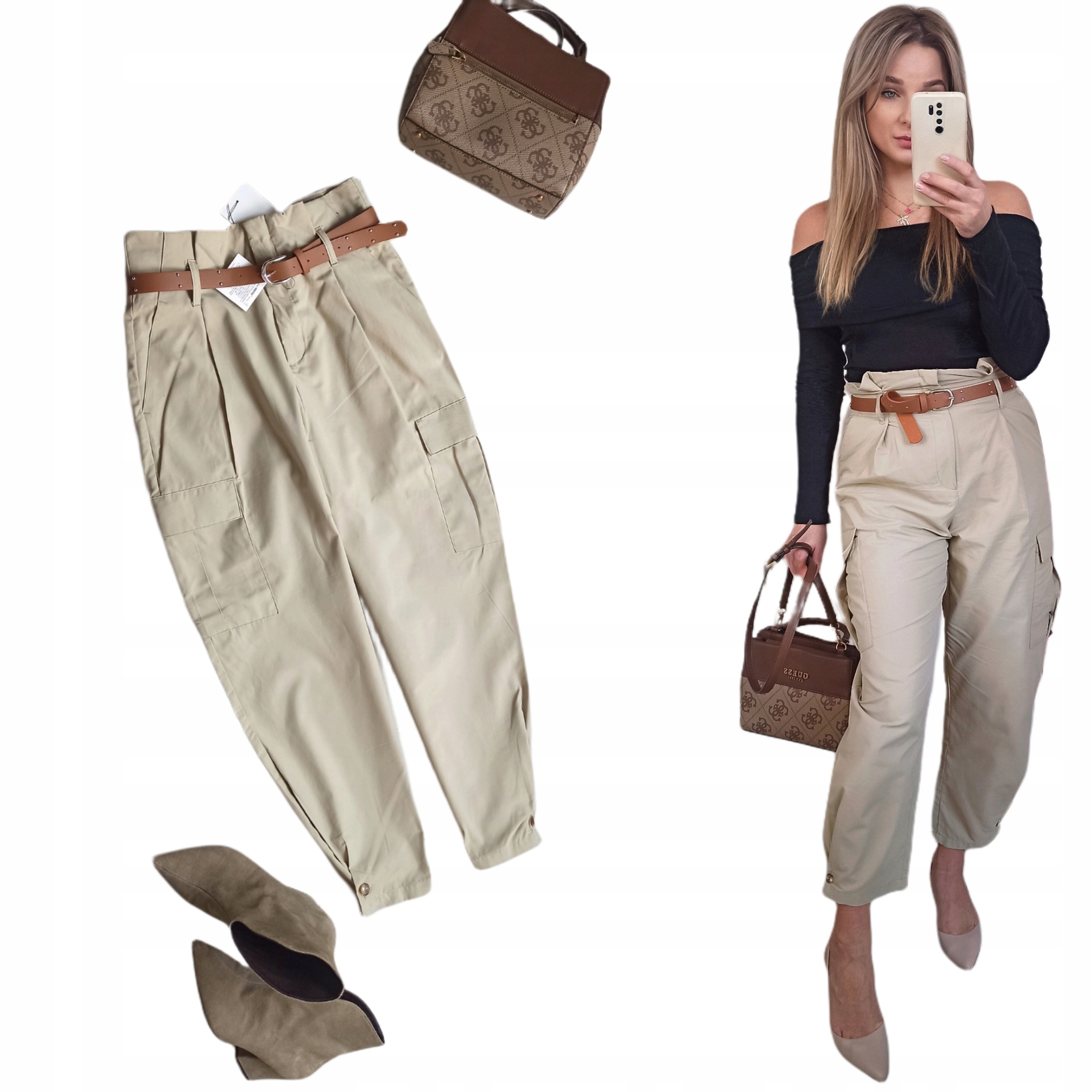 Zara spodnie paperbag s 36 beżowe pasek wysoki stan