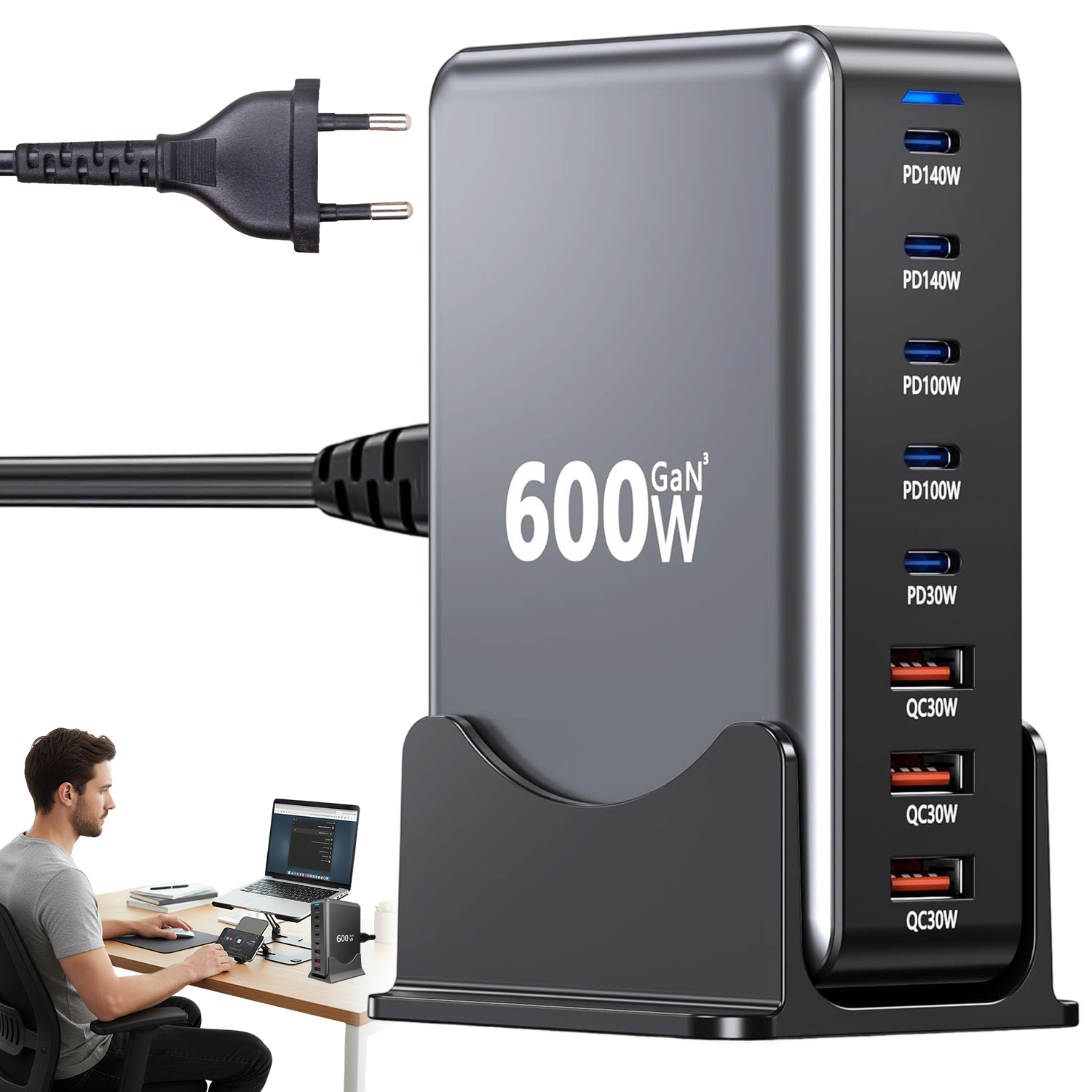 Stacja Ładowania 600 W 8 Portów 140 W Usb-c Do Laptopa Telefonu Smartwatcha