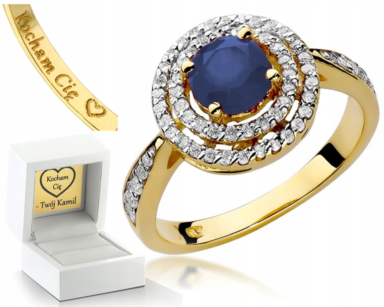 Zlatý Prstýnek Safír Brilianty 0,38 Ct Gravírování