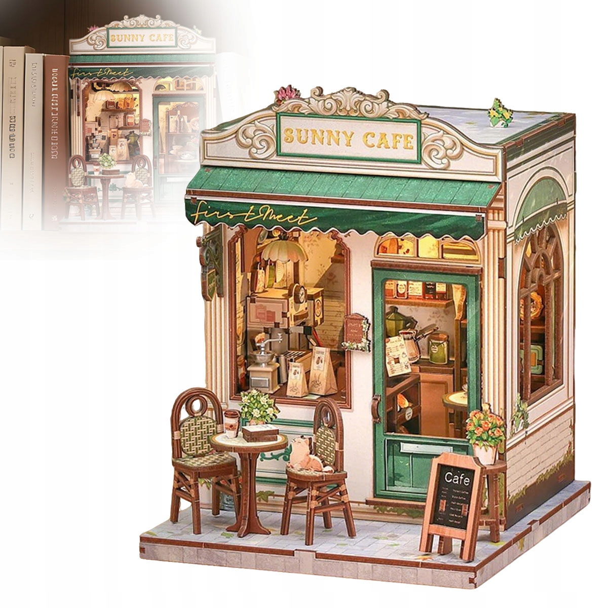 Miniaturowy domek Book Nook Słoneczna Kawiarnia Diy Led Puzzle 3D