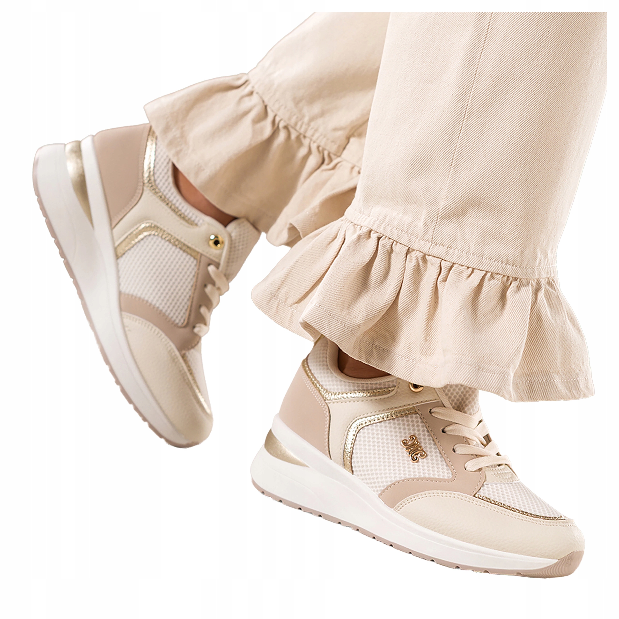 Krémové dámské šněrovací tenisky se síťkou, zlatá sportovní ozdoba, velikost 40